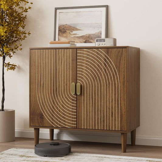Smuxee Walnut Sideboard Cabinet, Freestanding Buffet Cabinet with Line Groove Design, Wood Storage Cabinet with Adjustable Shelf for Living Room, Entryway, Hallway