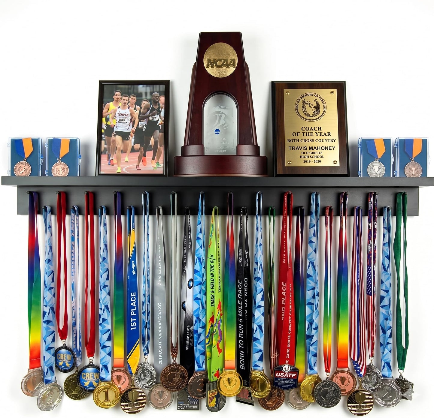 MedalAwardsRack 3ft- Ultimate Medal Hanger Display and Trophy Shelf - Multi-Sport Trophy and Medal Holder for Medal Display, Plaques, Pictures, Trophies and more. Solid Wood - Large 36" - Black