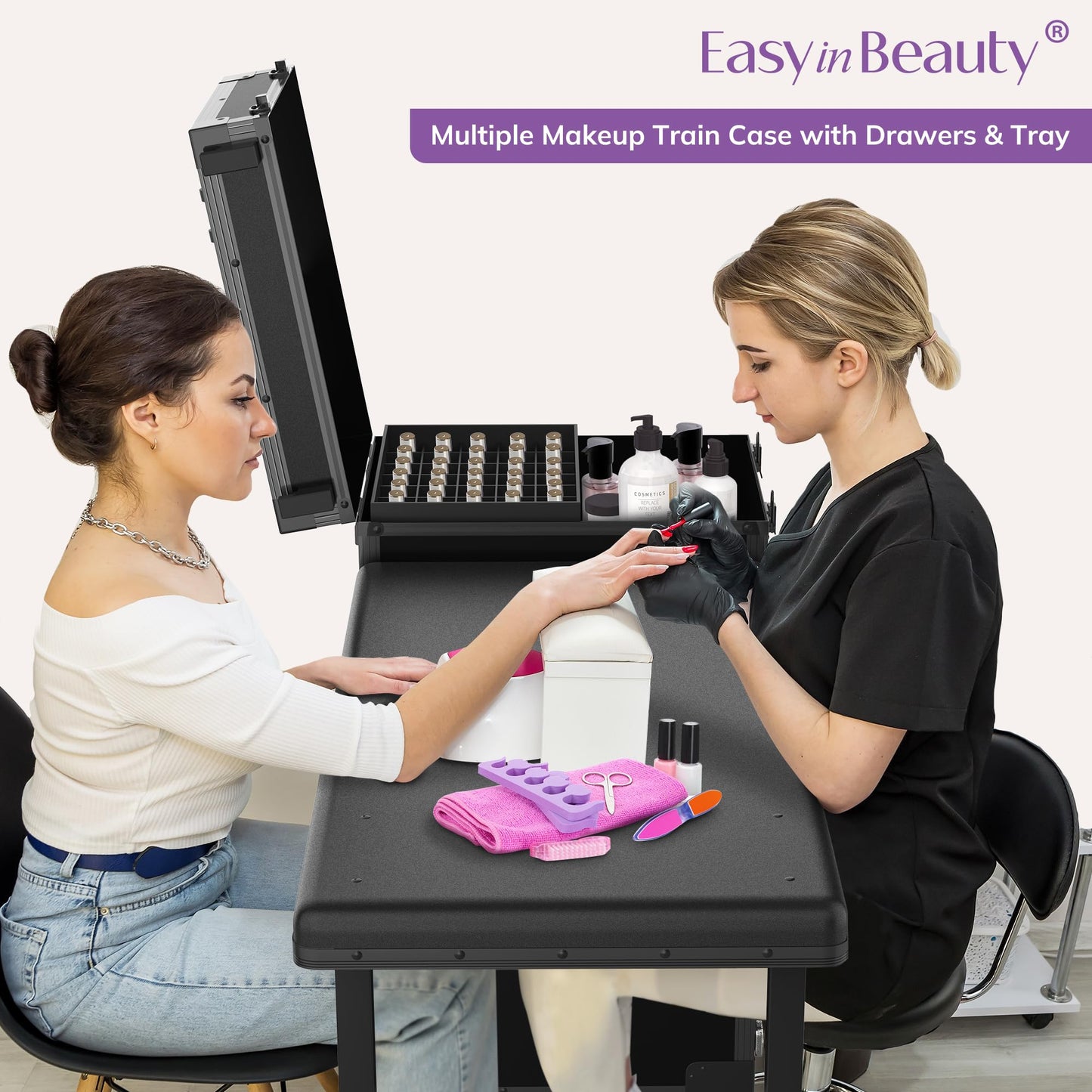 EASYINBEAUTY Rolling Portable Manicure Table with 3 Storage Drawers & Mirror, Lockable Makeup Train Case with Foldable Nail Desk- Cosmetic Travel Case for Mobile Nail Tech & Beauty Salon (Black)