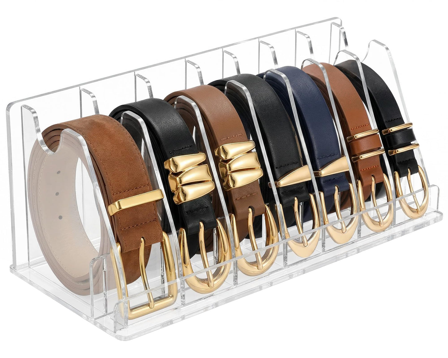 Acrylic Belt Organizer - Clear Belt Storage Holder for Closet with Removable Dividers - 7 Compartments and Display Stand