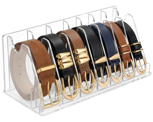 Acrylic Belt Organizer - Clear Belt Storage Holder for Closet with Removable Dividers - 7 Compartments and Display Stand