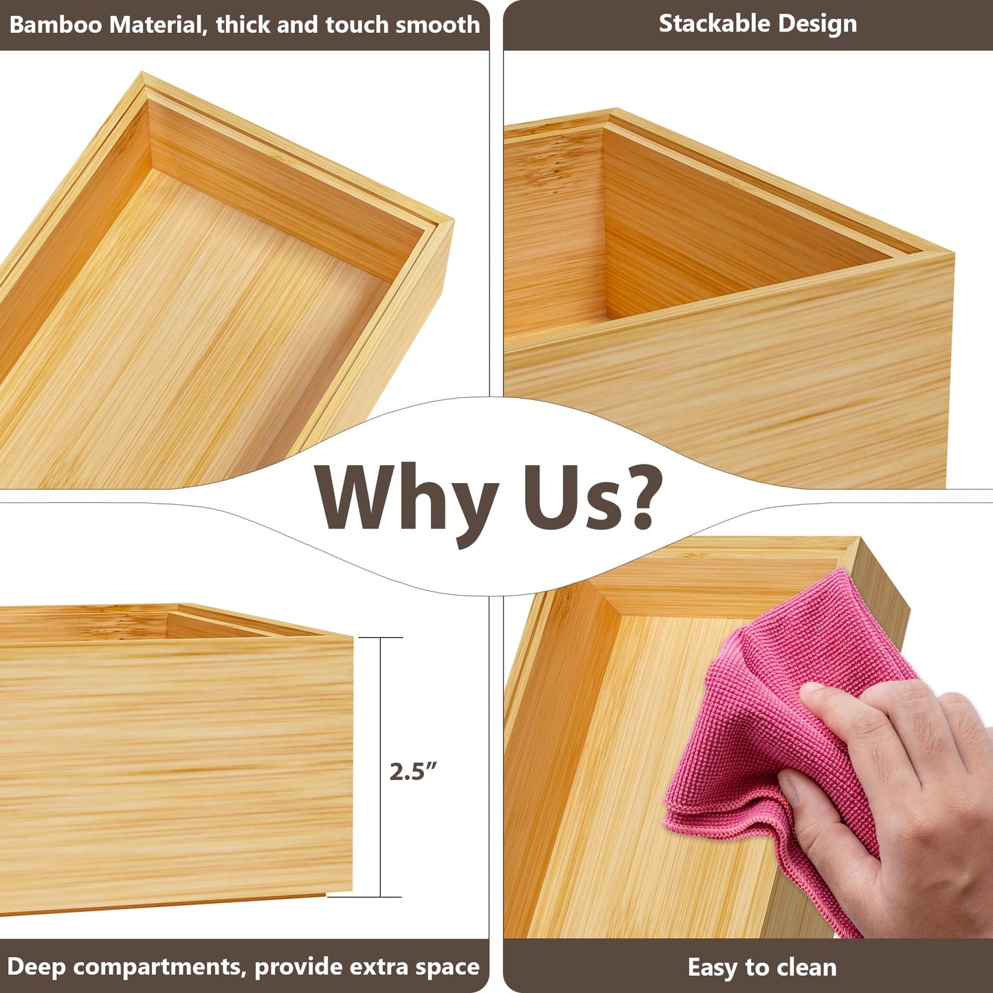 Greatseas Kitchen Drawer Organizer Bins, Stackable Bamboo Deep Drawer Organizer for Silverware, Utensils, Cutlery, Flatware, Junk Drawer, Dresser, Bathroom, 15" x 6" x 2.5" (Set of 2)
