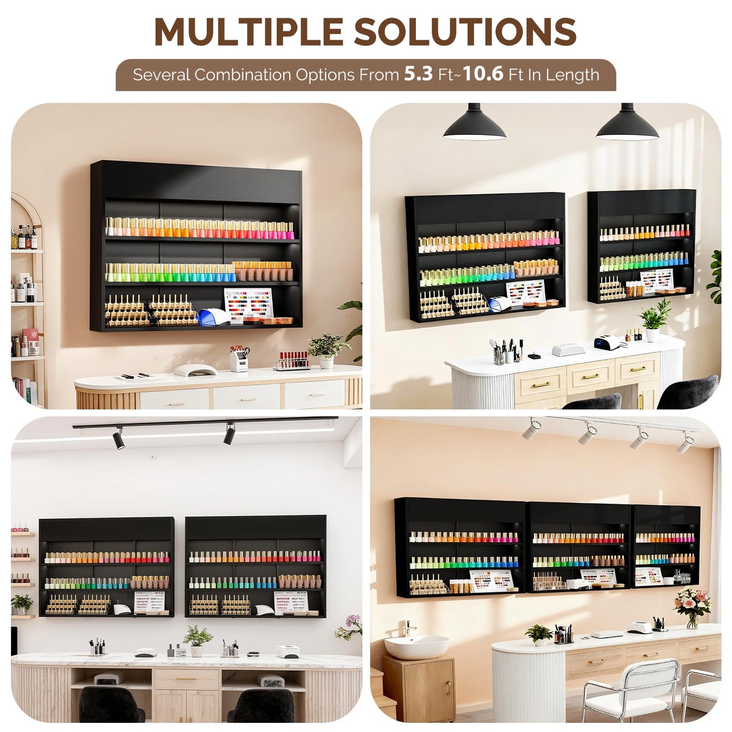 OmySalon Wall Mounted Display Rack, 47.6-Inch 3-Tier LED Nail Polish Organizer Shelf with USB Touch Control, for Nail Salon, Spa, Beauty Studio Storage, Wooden Retail Display (Black)