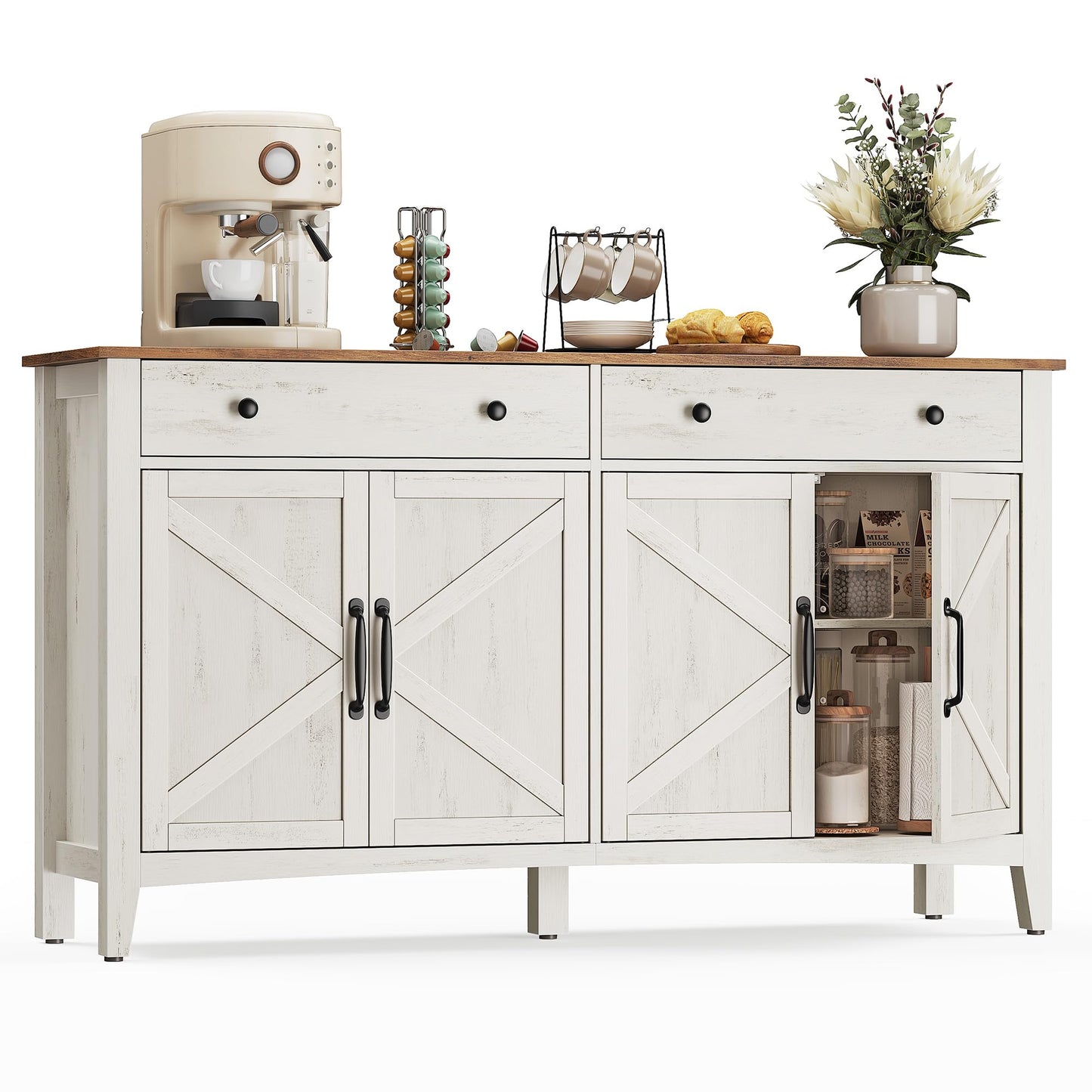 VASAGLE LIRY Collection - Buffet Cabinet, Coffee Bar Cabinet with 2 Drawers, Adjustable Shelves, Sideboard Storage with Cable Holes, Drawer Dividers, Rustic White and Honey Brown UBBK381WJ01S