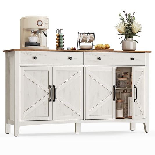 VASAGLE LIRY Collection - Buffet Cabinet, Coffee Bar Cabinet with 2 Drawers, Adjustable Shelves, Sideboard Storage with Cable Holes, Drawer Dividers, Rustic White and Honey Brown UBBK381WJ01S