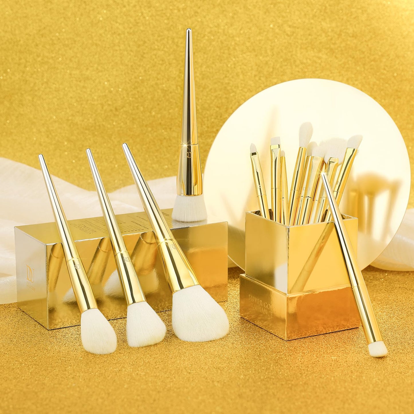 DUcare 15 Piece Professional Makeup Brush Set, Silver-Gold Radiance Synthetic Brushes for Full Face & Eye, Complete Cosmetic Kit with Reusable Storage Holder