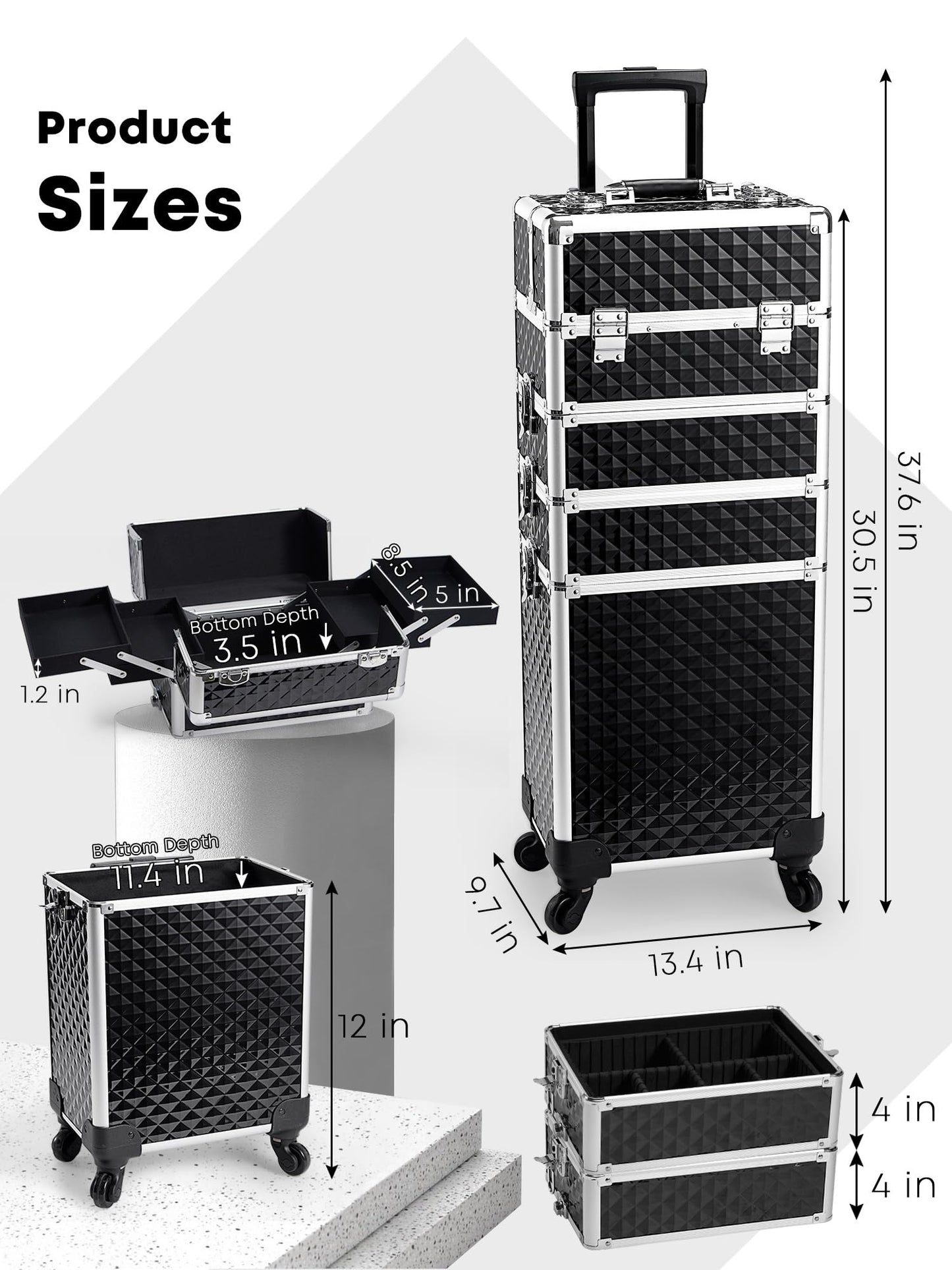 Adazzo Rolling Makeup Train Case 4-in-1 Transformable Cosmetology Case on Wheels, Large Makeup Cart with 4 Extendable Trays, Lockable Nail Supply Storage, Travel Makeup Case for Professionals