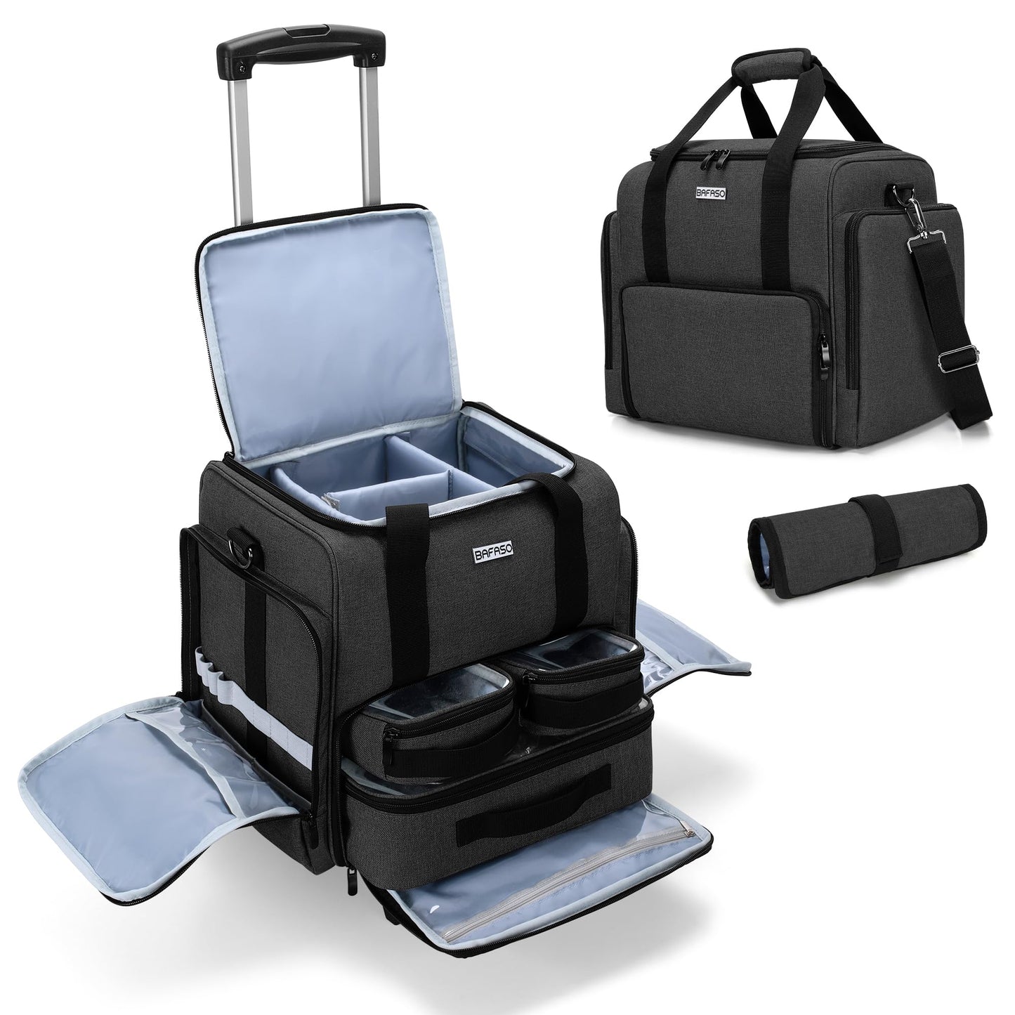 BAFASO Rolling Makeup Case with 3 Removable Pouches and 1 Makeup Brush Bag, Professional Makeup Train Case Cosmetic Bag with Detachable Dolly (Patented), Black