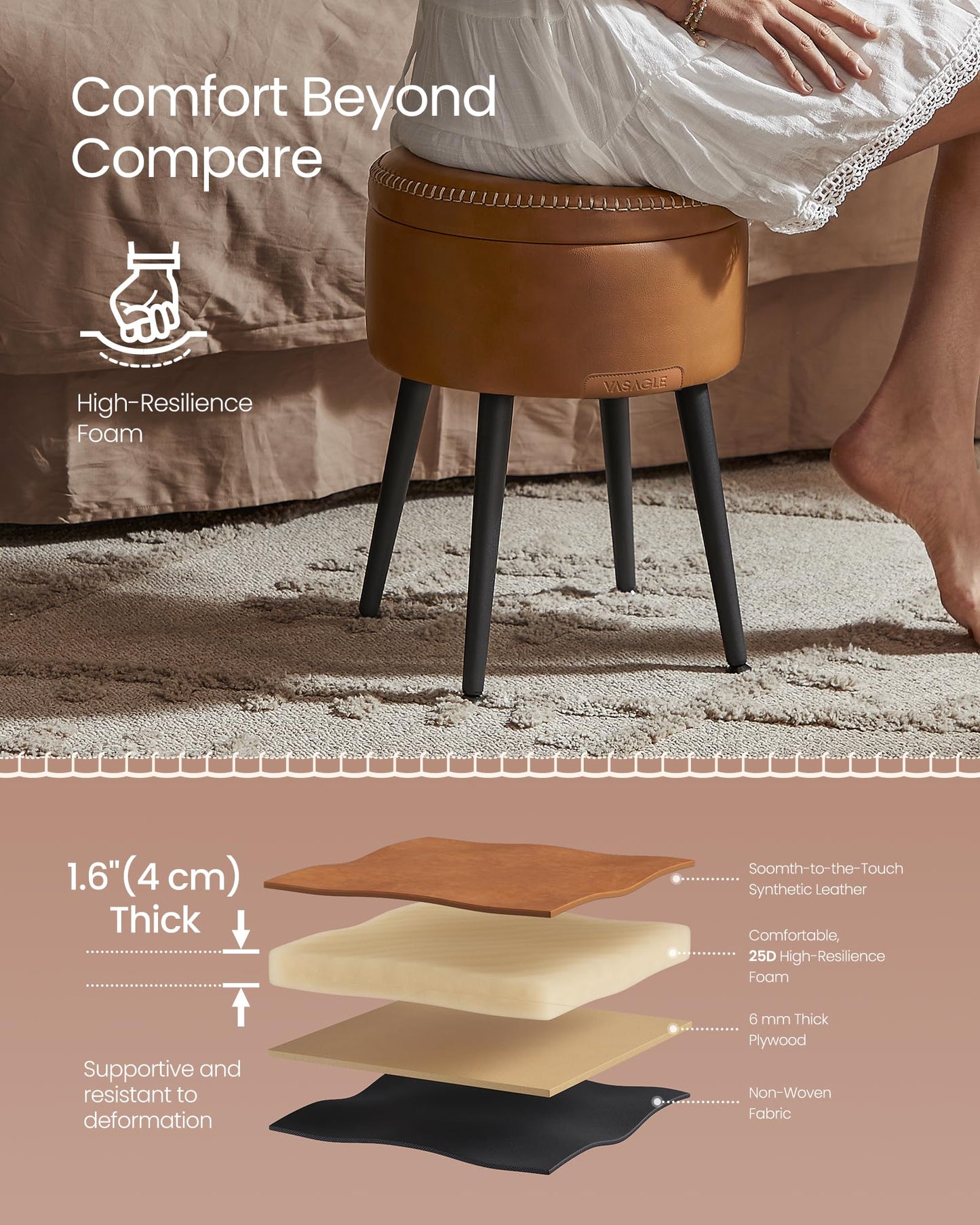 VASAGLE EKHO Collection - Storage Ottoman, Vanity Chair Stool, Synthetic Leather with Stitching, Mid-Century Modern, Round Storage Seat with Steel Legs, Loads 330 lb, Caramel Brown ULOM005KN08