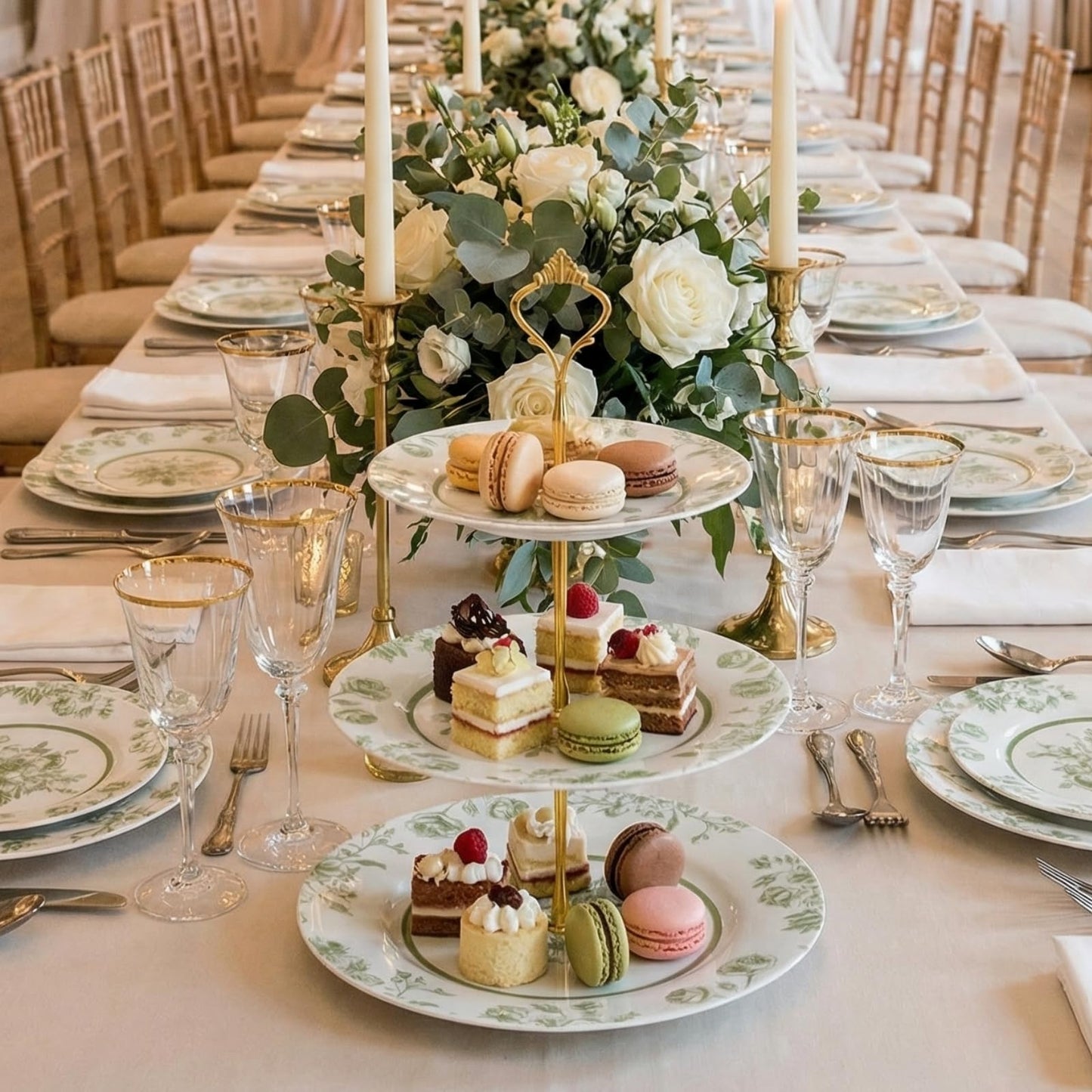 Lallisa Sage Green Floral 3 Tier Dessert Stand 10", 9" and 7" Ceramic Vintage Chinoiserie Tea Party Tiered Tray Cupcake Stand Display Holder Tower for Wedding Baby Shower Bridal Shower Tea Party