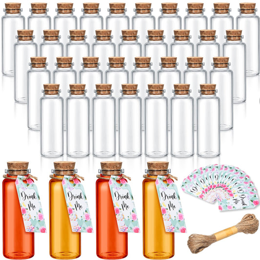 Tanlade 60 Pcs 40ml Small Glass Bottles Mini Potion Bottles with Wood Cork Stoppers Tiny Jars with Drink Me Tags and String for Tea Party Halloween Wedding Favor Baby Shower DIY Craft 3.1 x 1.12''