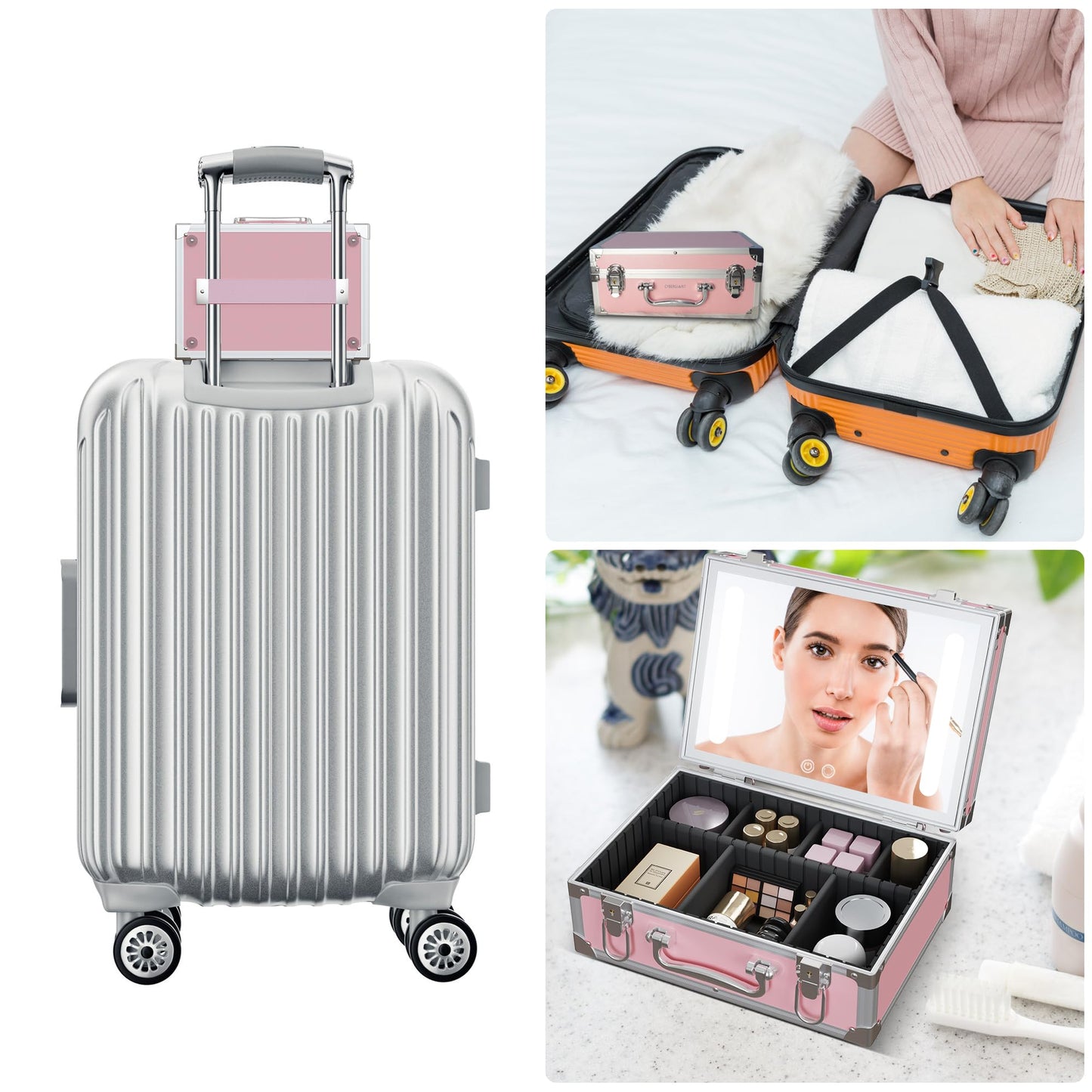 Cybergiant Travel Makeup Case with LED Mirror - Hard Shell Pink Travel Makeup Bag with Mirror - Portable Makeup Organizer with Mirror, Vanity Case for Cosmetics, Adjustable Divider