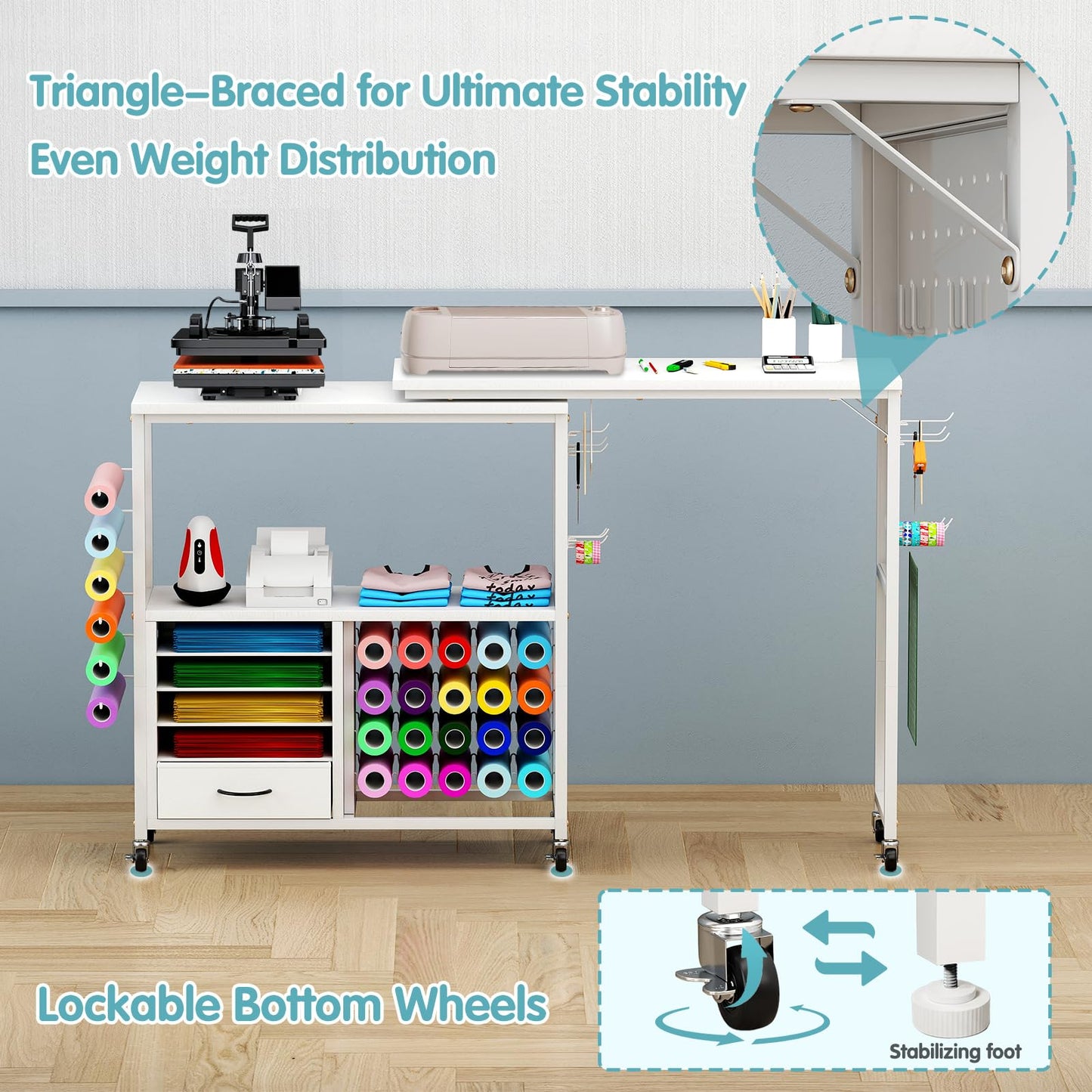 MASHELLY 360 Rotating Craft Cart with 26 Vinyl Rolls Storage & Side Pegboards | Mobile Rolling Workstation for Heat Press, Compatible with Cricut Machines | Locking Brakes for Craft Room Home Office
