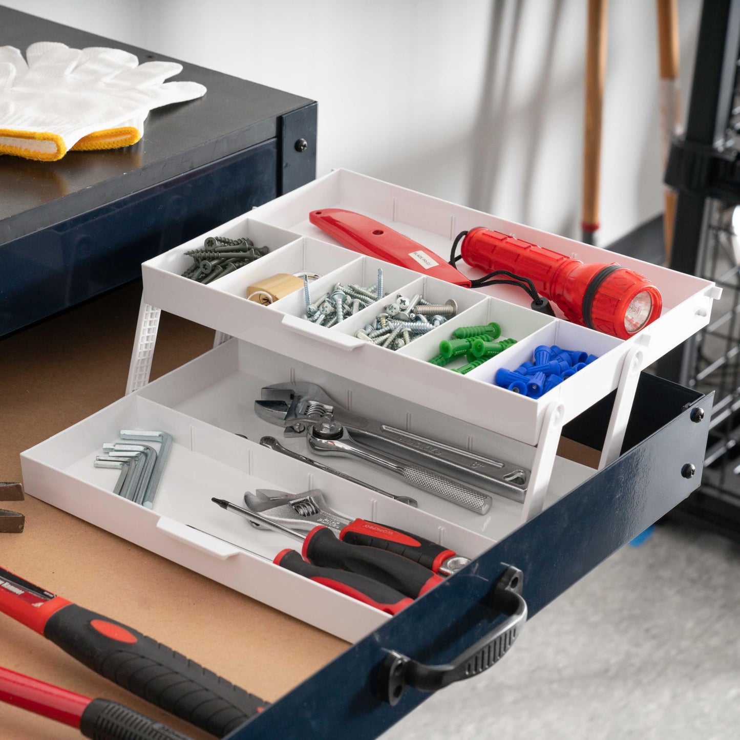 IRIS USA 2-Tier Drawer Organizer Expandable |Made in USA| Multi-Level Collapsible Organization, Comes with Dividers for Crafts, Makeup, Jewelry & Office - White