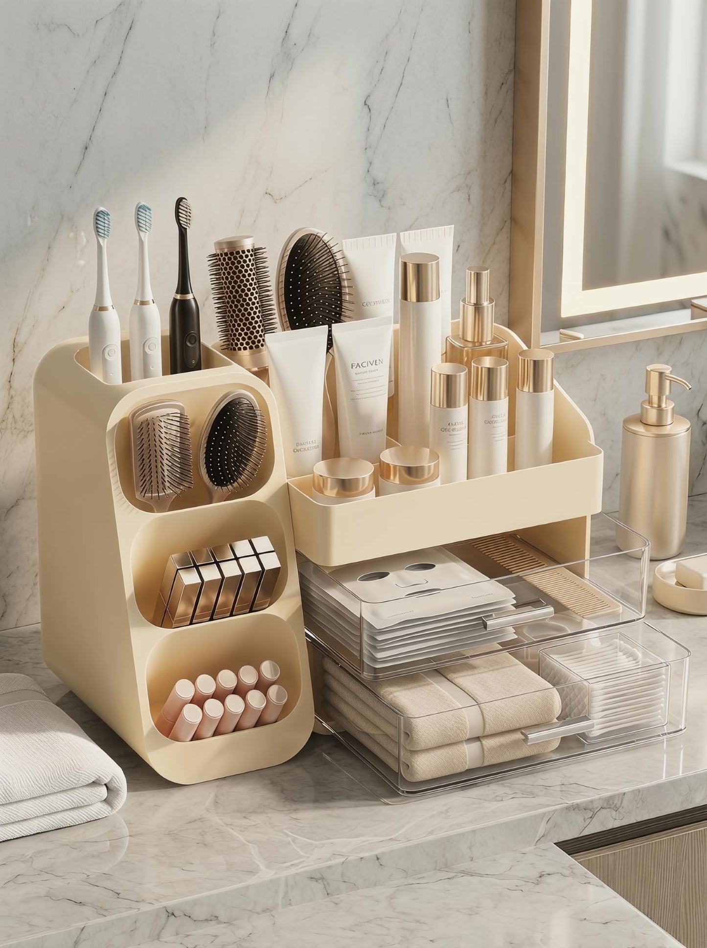 Booklov Makeup Organizer for Vanity, Large Capacity Cosmetic Display Case with Clear Acrylic Drawer, Countertop Beauty Storage Holder for Skincare, Brush Eyeshadow Lipstick Counter Desk, Crystal Cream