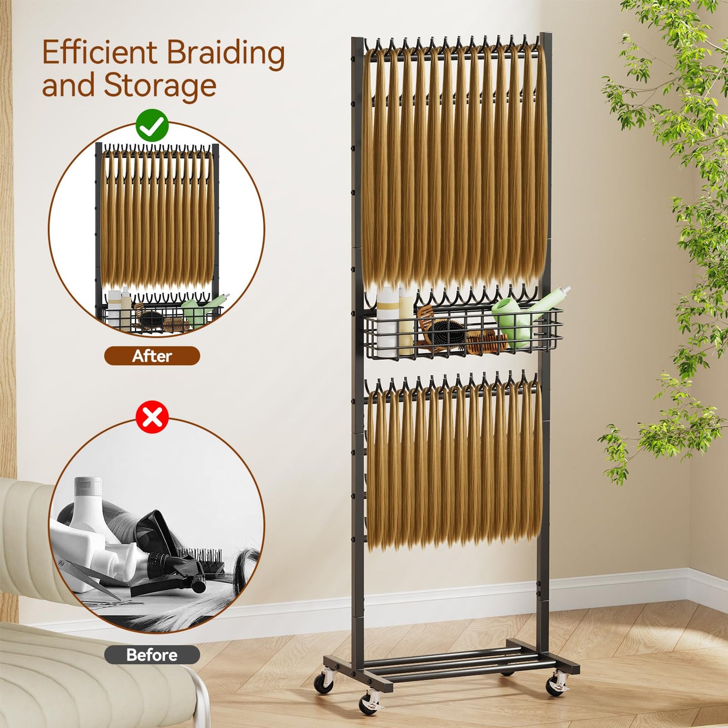 Braiding Rack 286 Pegs Braiding Hair Rack with Wheels 2-Sided Hair Braiding Stand for Braiders Hair Separator for Braiding Standing Extension Holder Hanger for Salon Home