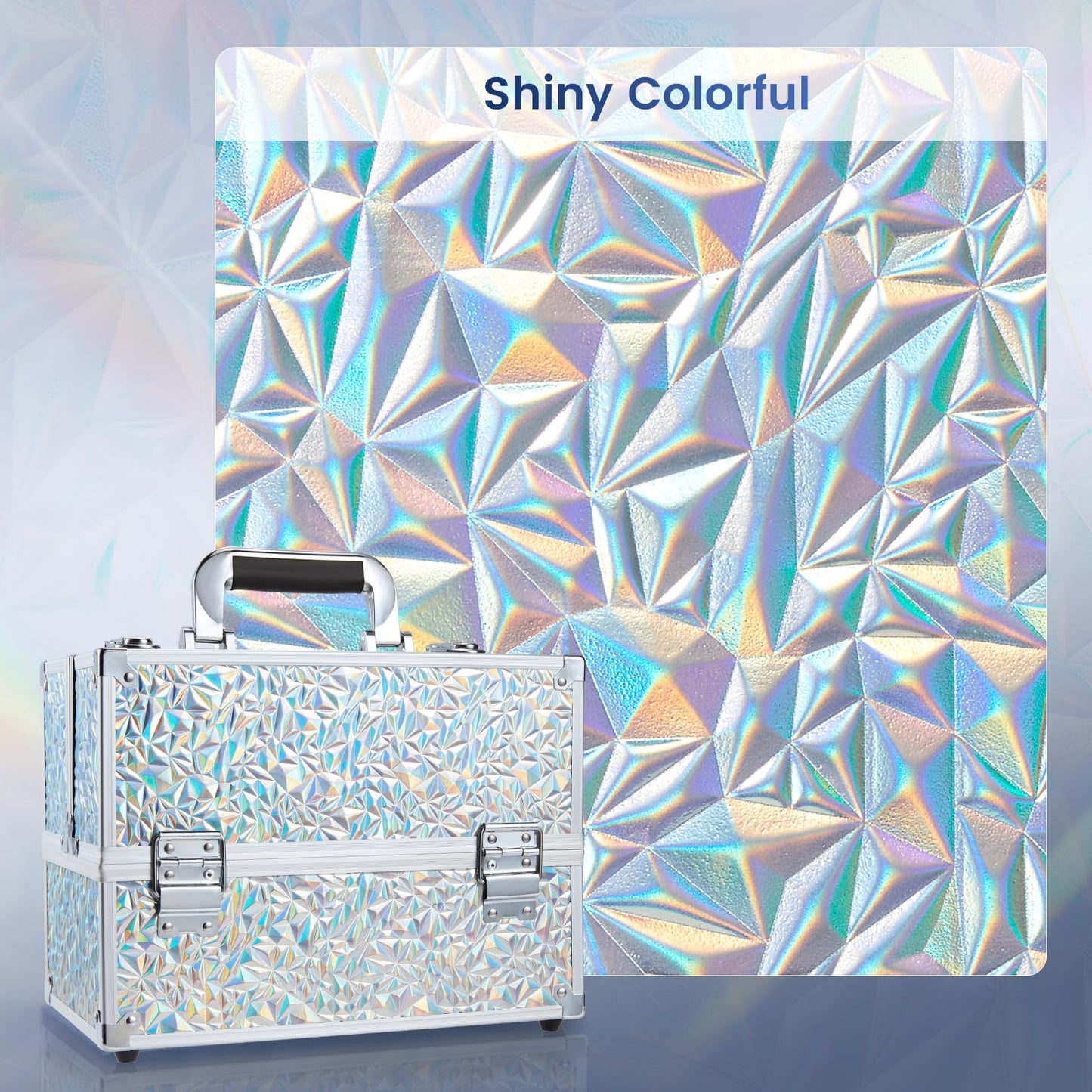 FRENESSA Makeup Case Cosmetic Train Case Organizer 11.8 Inch Large Makeup Box Travel Storage Make Up Train Carrying Case with 6 Trays Locking Hard Vanity Storage Glitter Silver