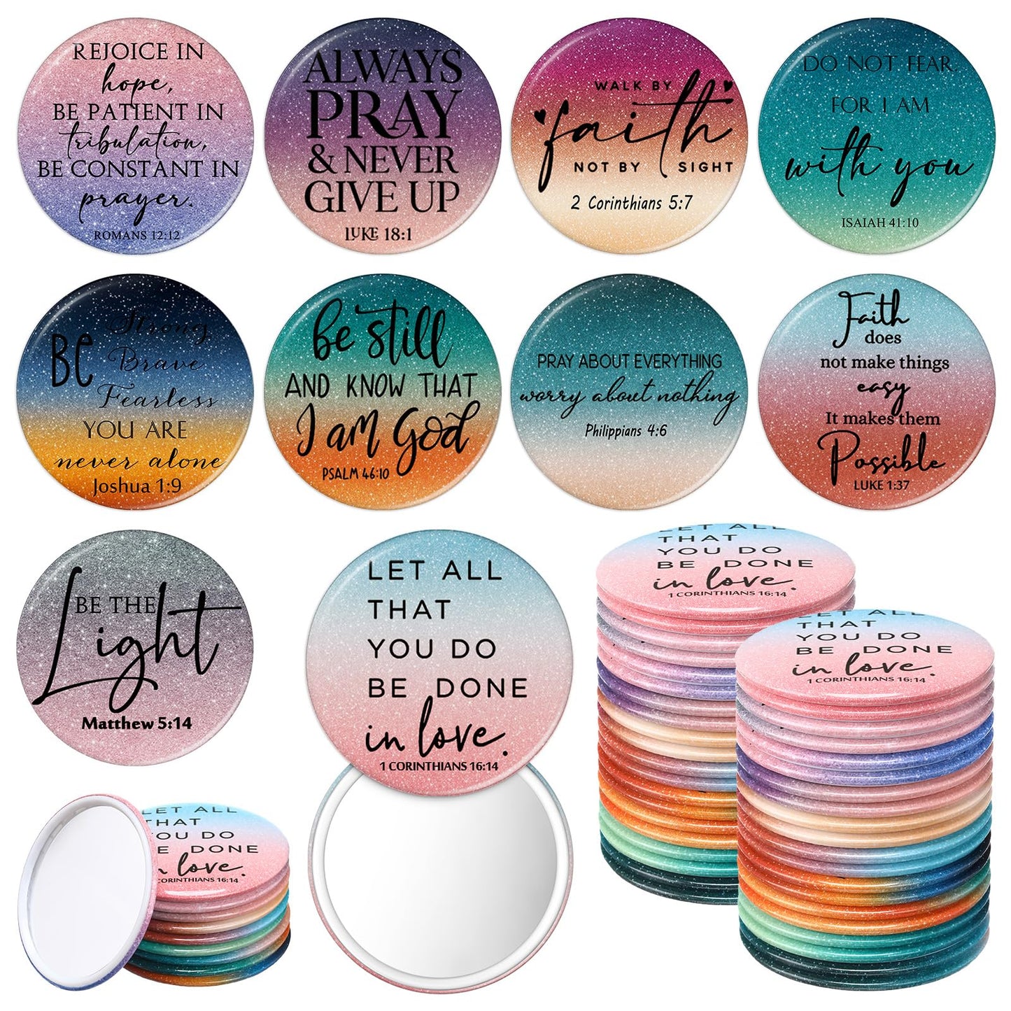 GlikCeil 40 Pcs Christian Compact Mirror Bulk for Women Inspirational Bible Verse Pocket Mirrors Mini Purse Makeup Mirror Christian Church Gift for Women VBS Church Party Favors
