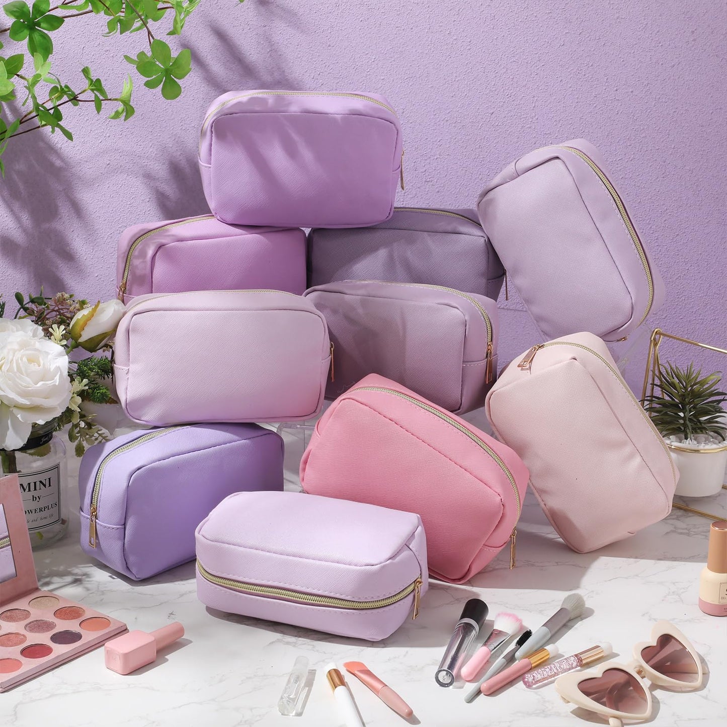 Sweetude 10 Pcs Makeup Bag Bulk for Women Preppy Gift PU Leather Cosmetic Bag Small Skincare Toiletry Pouch Wedding Travel Cosmetic Pouch for Bridesmaid Bride Mother Gift Favors (Purple)