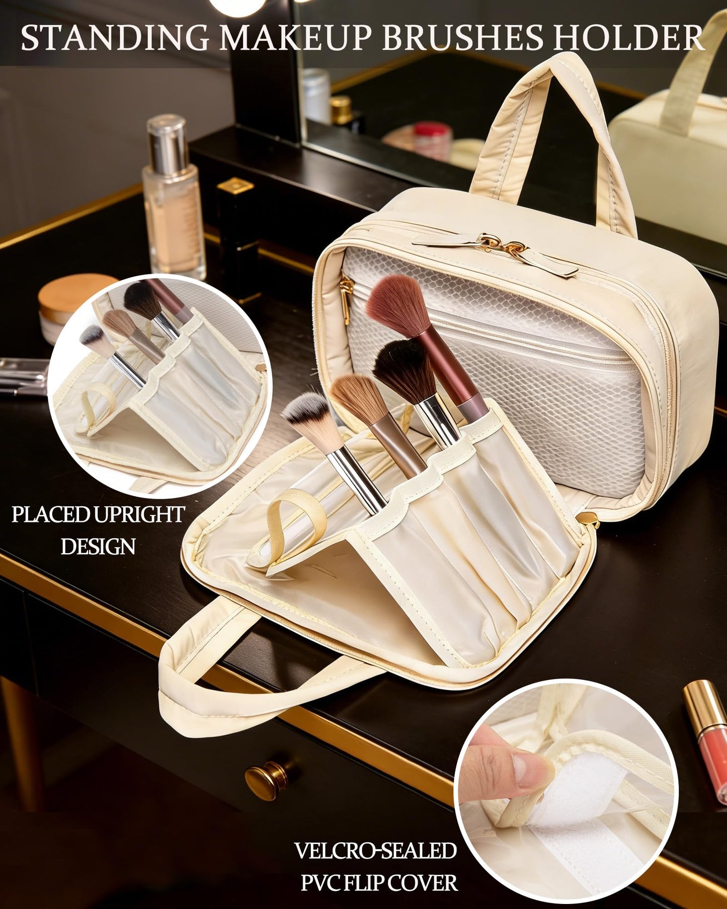 XIAOLER Small Makeup Bag, Travel Cosmetic bag, Toiletry Bag For Women, Make up Bag With Brush Storage, Hanging Toiletry Bag, Puffy Padded Makeup Organizer Case, Wide-open Travel Essentials (Beige)