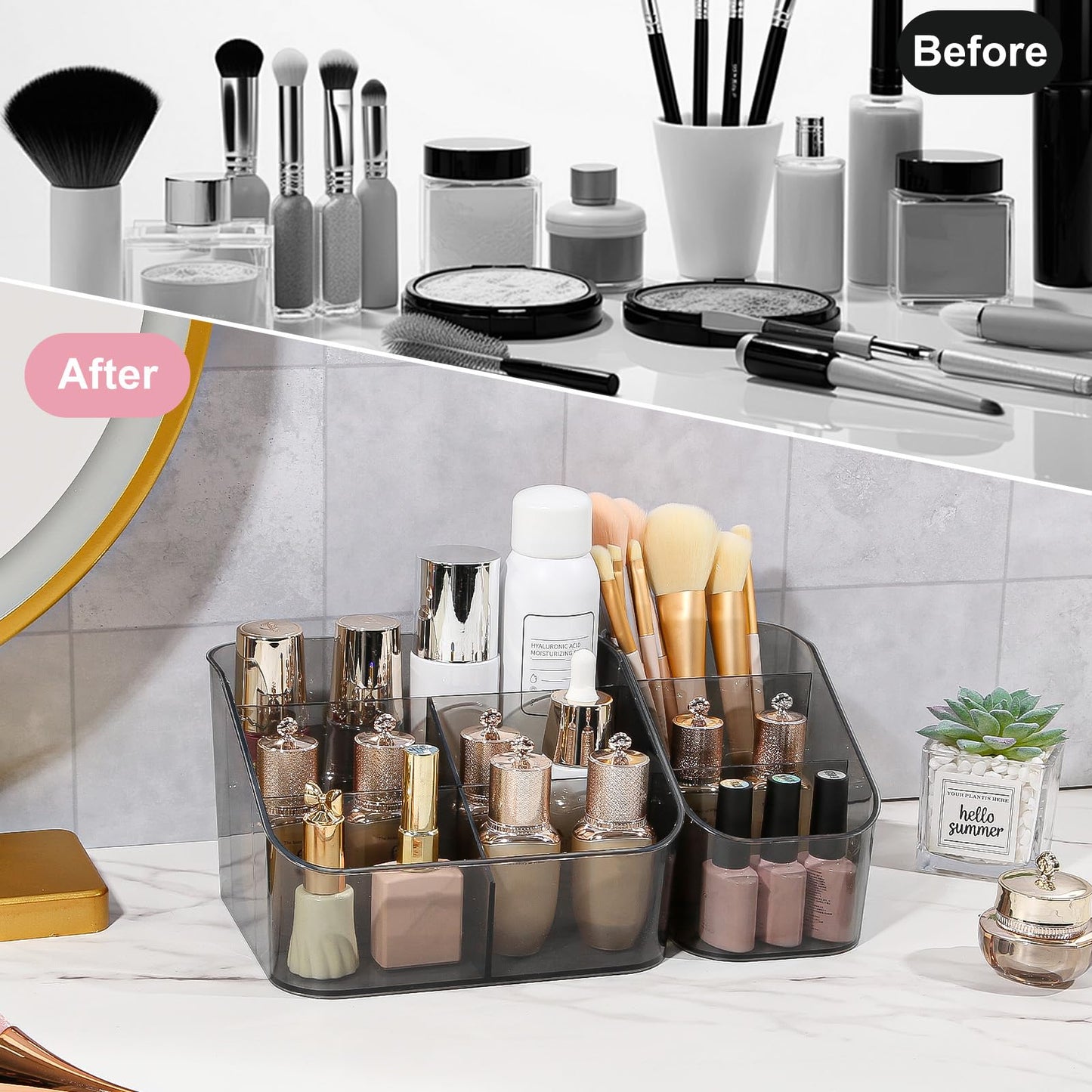 DASITON 3 Slots Makeup Brush Holder, Acrylic Make Up Brush Holder Organizer for Vanity, Bathroom Countertop, Small Makeup Organizer Brush Cup Cosmetic Brushes Storage, Pen Holder for Desk (Grey S)