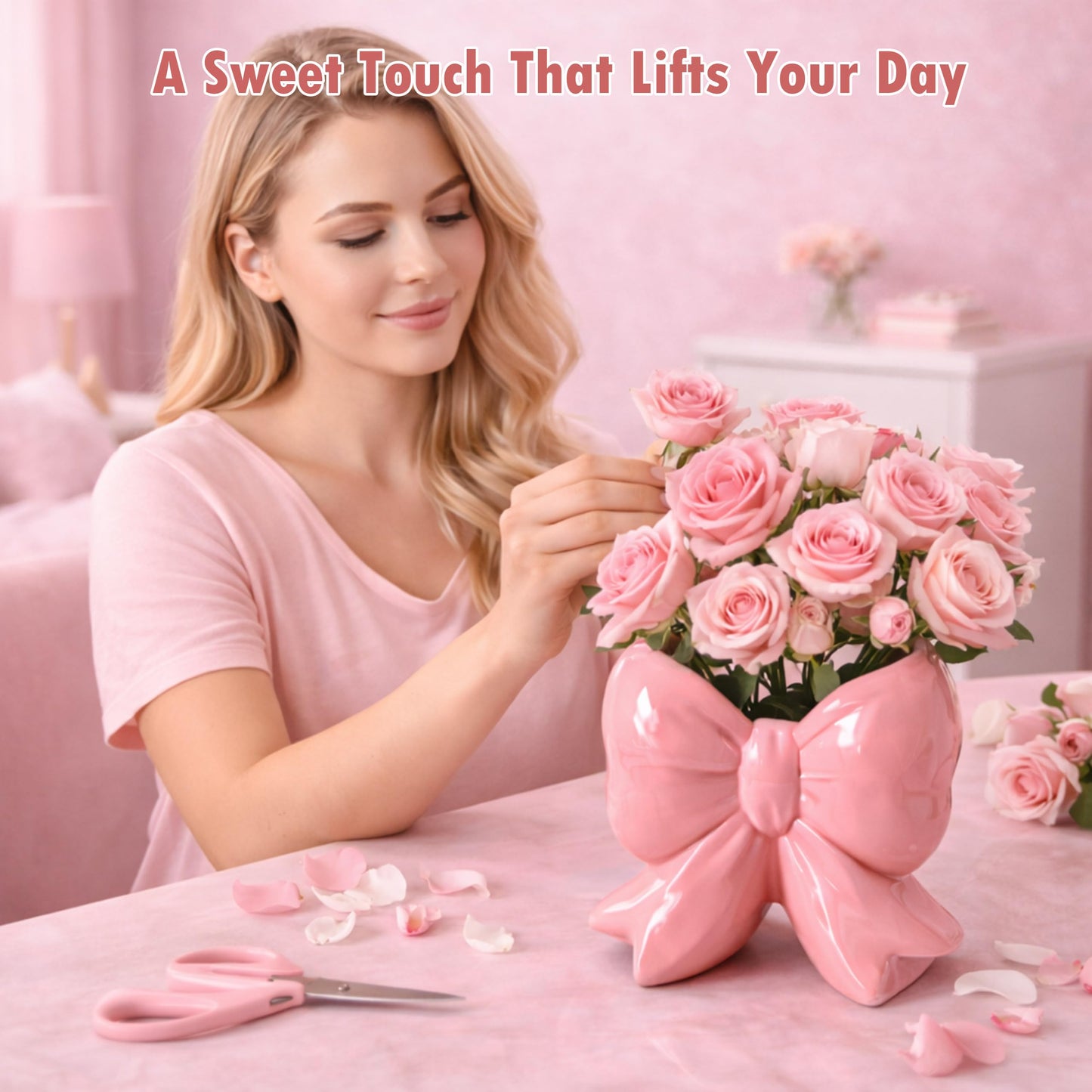 Pink Bow Toothbrush Holder, Ceramic Organizer Cup for Makeup Brushes & Pencils, Cute Small Bow Vase, Coquette Room Decor for Bathroom Vanity Desk Shelf, Gift for Women (Blush Pink)