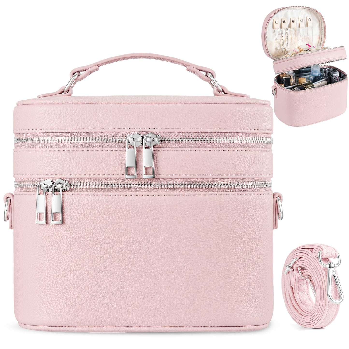 cysiyu Leather Makeup Bag Organizer Double Layer Vanity Bag Large Capacity with Compartments and Handle Travel Portable Storage Crossbody Cosmetic Jewelry Case for Women. Pink