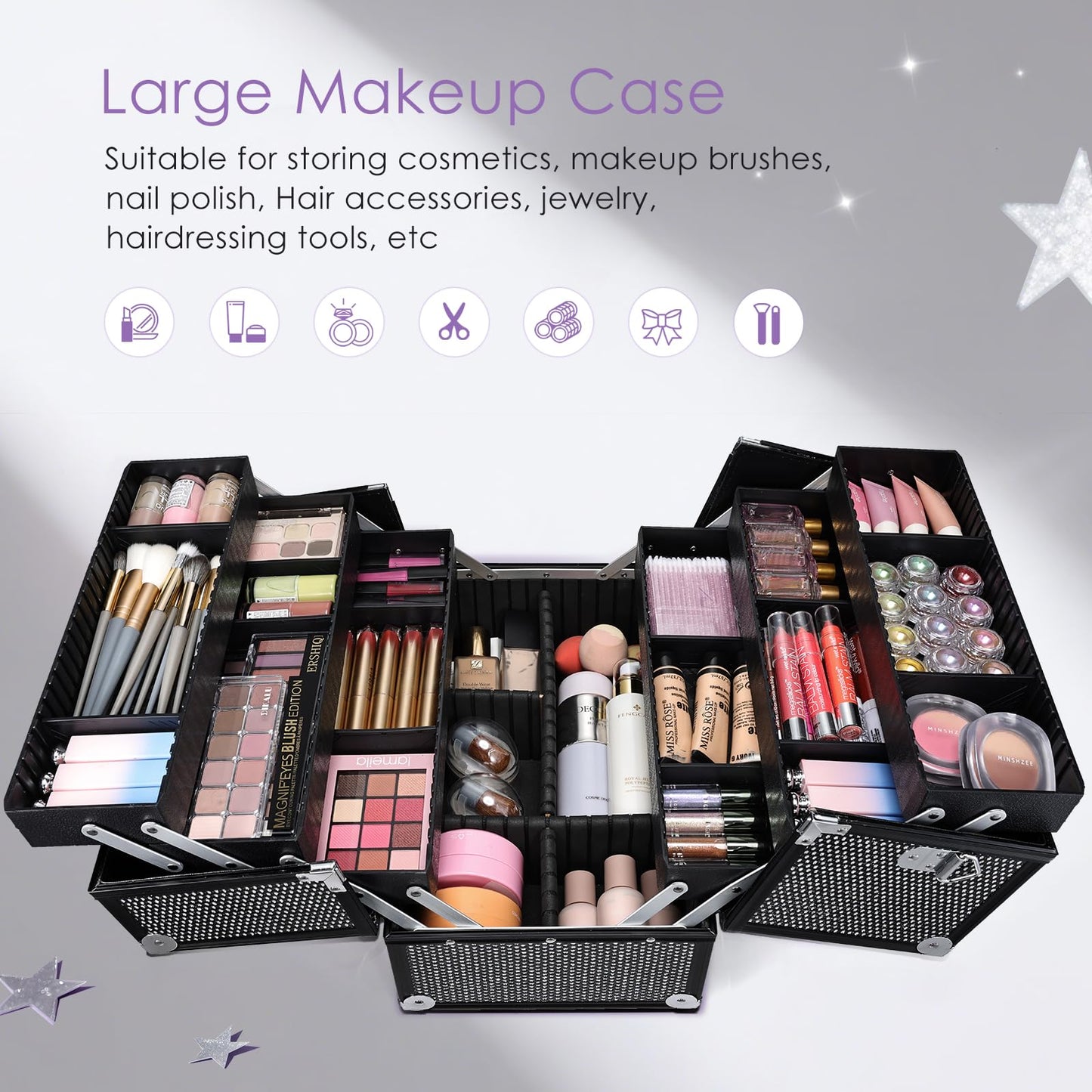 Joligrace Makeup Train Case Large 6 Tray Professional Organizer Box - Cosmetic Make Up Carrier with Lock & Key Carrying Strap for Studio Artist & Stylist Black Rhinestone