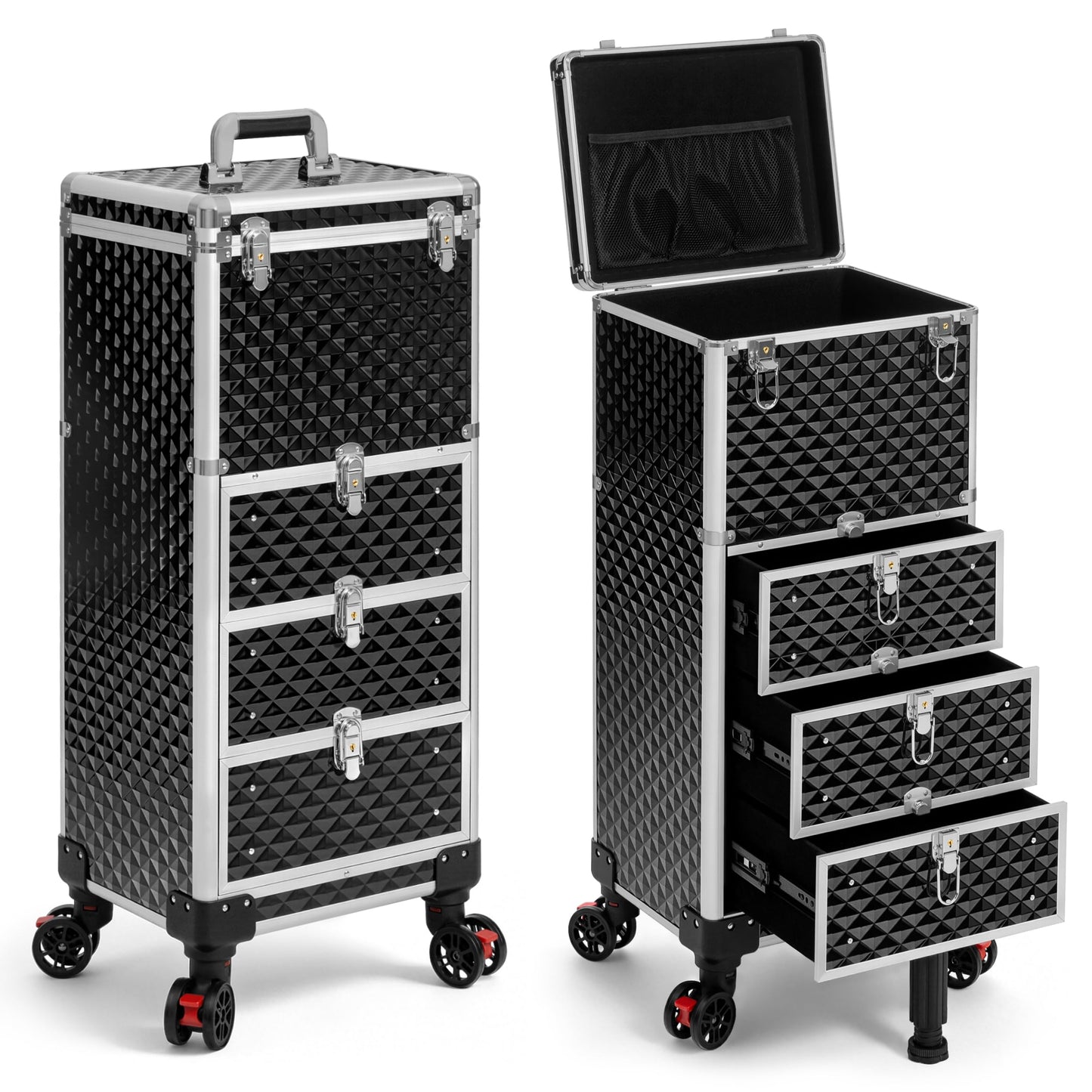 JINGUAN Rolling Makeup Train Case with 3 Drawers, Nail Trolley Cart Salon Station Cosmetology Case on Wheels Organizer Cases for Nail Tech,SPA,Face Painting,Hairstylist,Makeup Artist (Silver & Black)