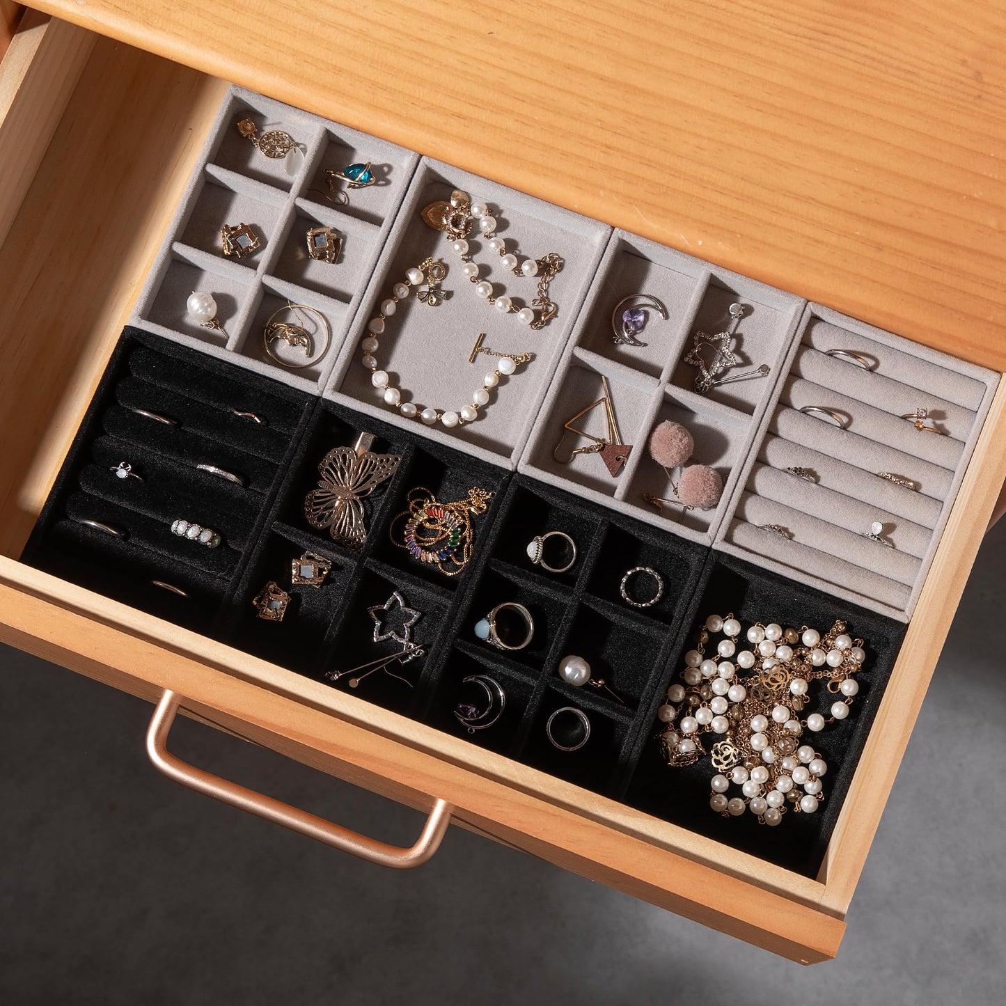 Frebeauty Small Jewelry Tray Set,Stackable Velvet Jewelry Organizer Tray,Mini Jewelry Drawer Organizer,Drawer Inserts,4.92 x 3.74 x 0.9 Inches,Earring Organizer for Women(Set 4,Beige)