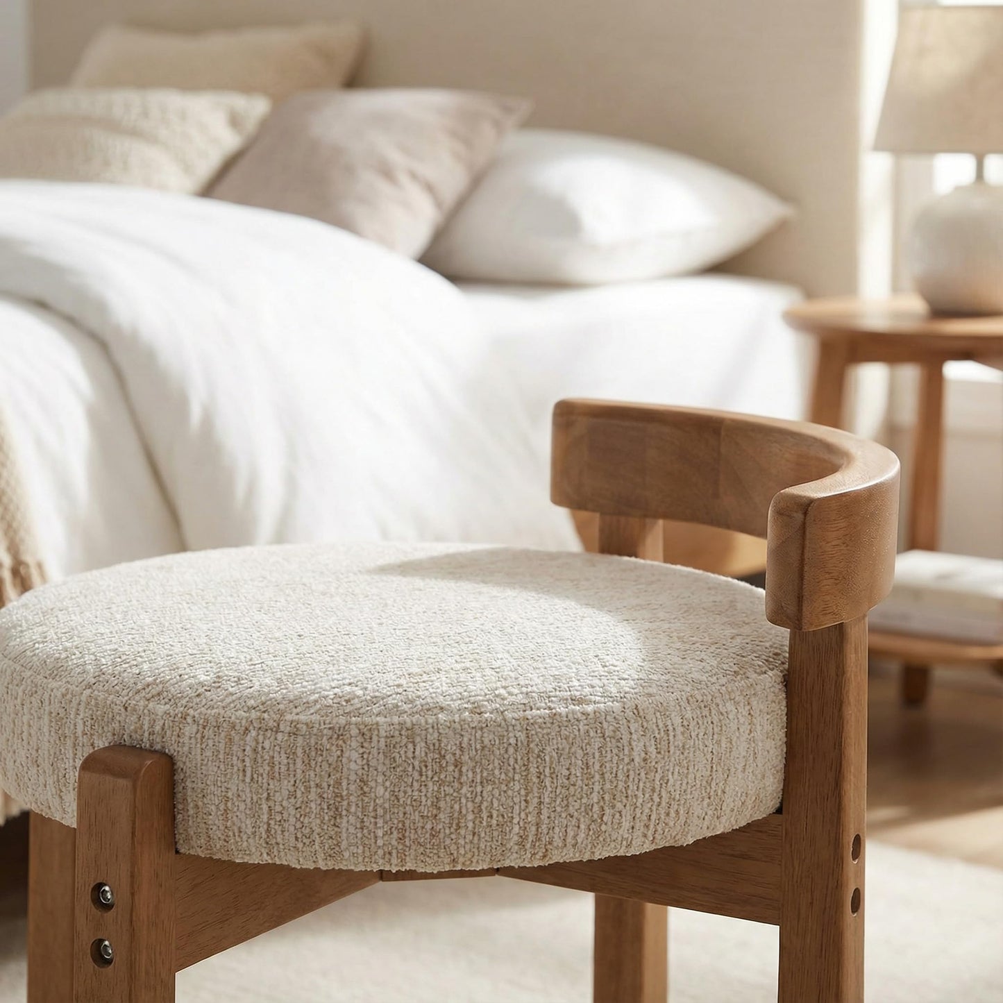 HNY Modern Chenille Vanity Chair & Ottoman: Upholstered Round Seat with Solid Wood Legs, for Makeup Dressing, Living Room Footrest or Piano Bench, Beige