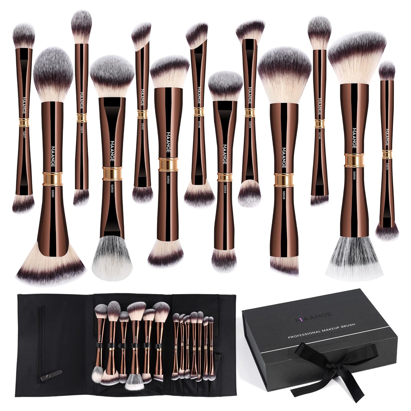 MAANGE Makeup Brush Set with Gift Box, Double-ended Makeup Brushes for Foundation Contour Powder Concealer Eyeshadows Blending, Makeup Tools, Mothers Day Gifts (Coffee Brown, 13 PCS)