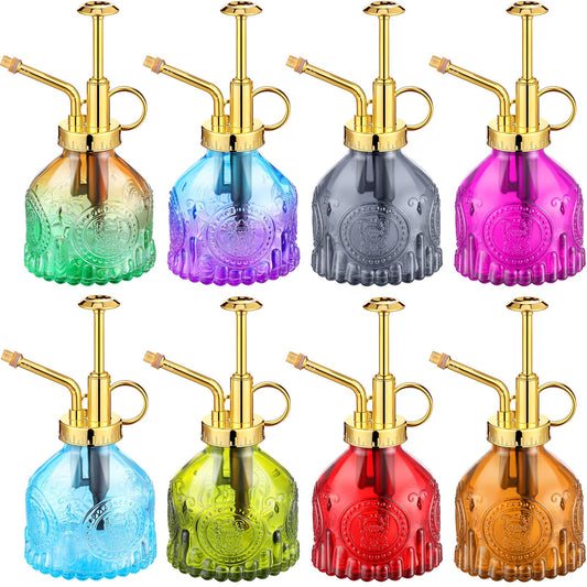 8 Pcs Glass Plant Mister Spray Bottle 200ml Vintage Plant Spritzer Multicolor Succulent Watering Bottle Watering Can 6.4'' with Plastic Top Pumps for Indoor Outdoor Succulents Garden Plants (Gold)
