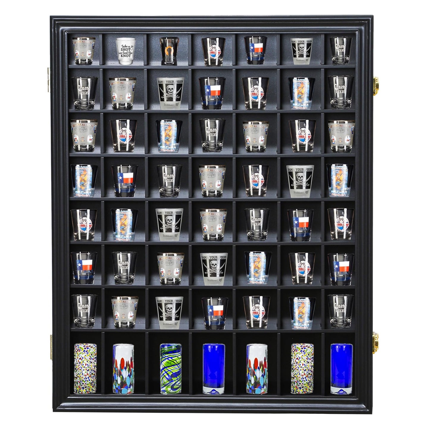 Shot Glass Display Case Wooden Cabinet Rack Holder Wall Mounted 56 Slots Black Shadow Box Lockable with UV Protection Acrylic Glass Door Shot Glass Storage Display with Removable Shelves, 23.3"x18.74"