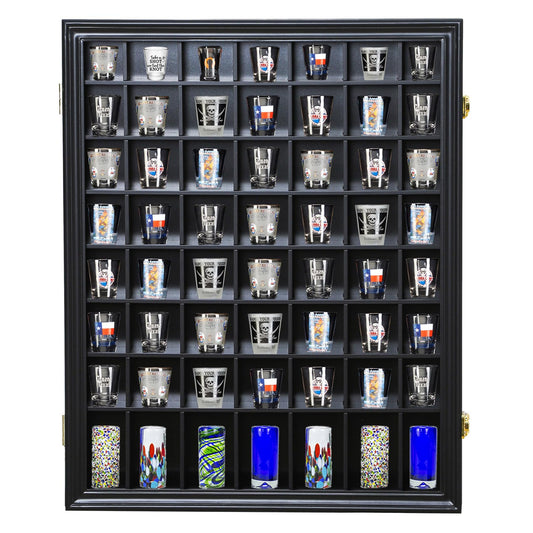 Shot Glass Display Case Wooden Cabinet Rack Holder Wall Mounted 56 Slots Black Shadow Box Lockable with UV Protection Acrylic Glass Door Shot Glass Storage Display with Removable Shelves, 23.3"x18.74"