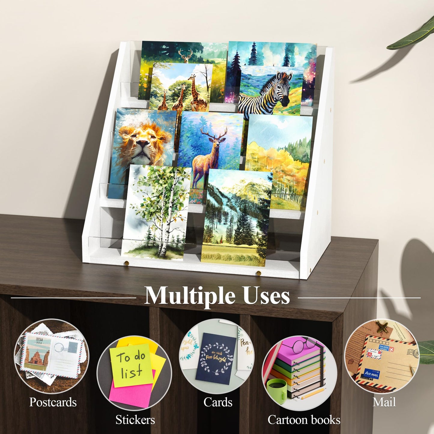 NiHome 4-Tier Bamboo & Acrylic Greeting Card Display Stand for Cards, Photos, Postcards - Stylish Showcase Organizer with High-Transparency Panels for Home, Wedding, Birthday Decor & Keepsakes (White)