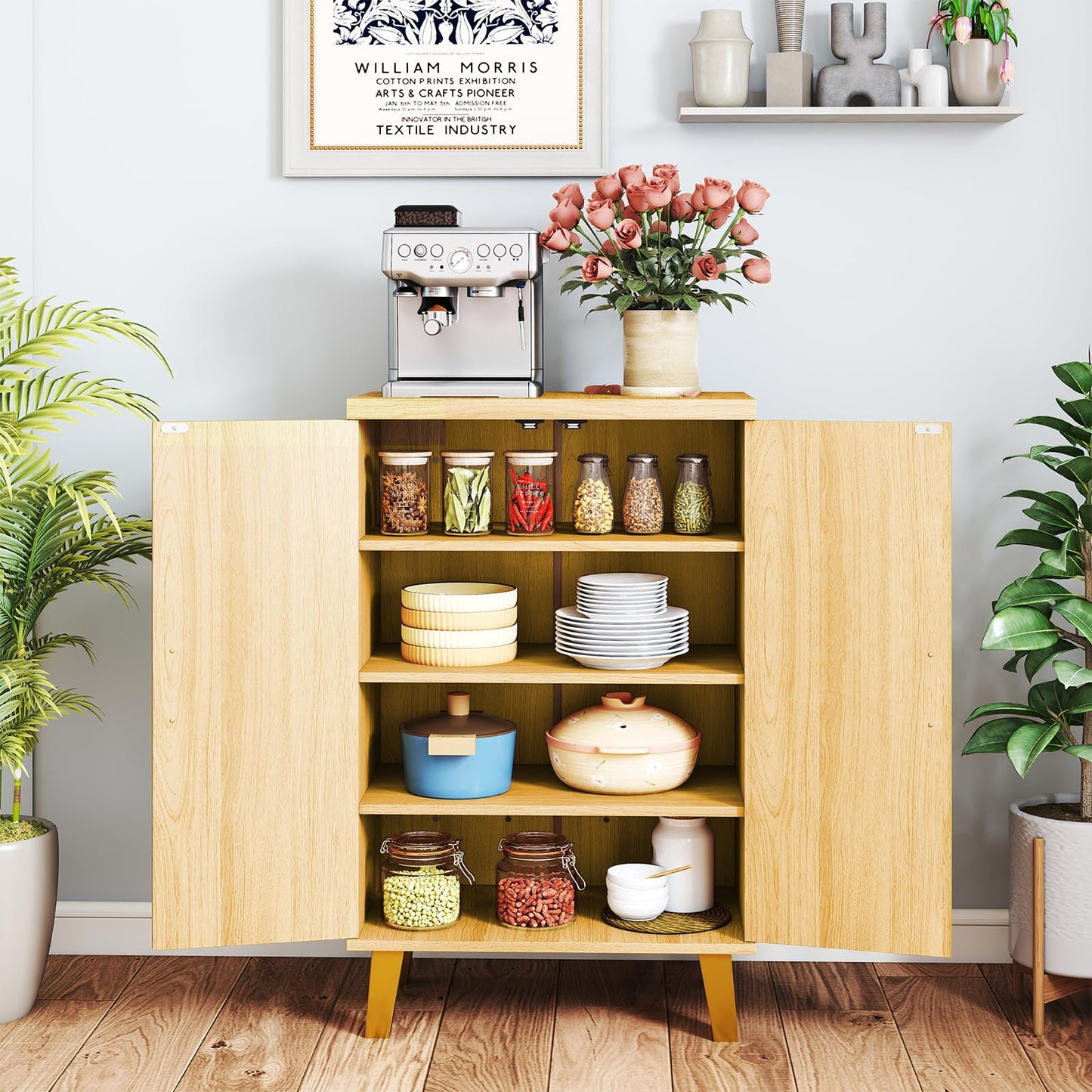 LOKO 2-Door Buffet Cabinet, Modern Storage Cabinet with 3 Detachable Shelves, Exquisite Handles, Raised Legs, Freestanding Sideboard for Kitchen, Pantry, Dining Room, Living Room, Natural