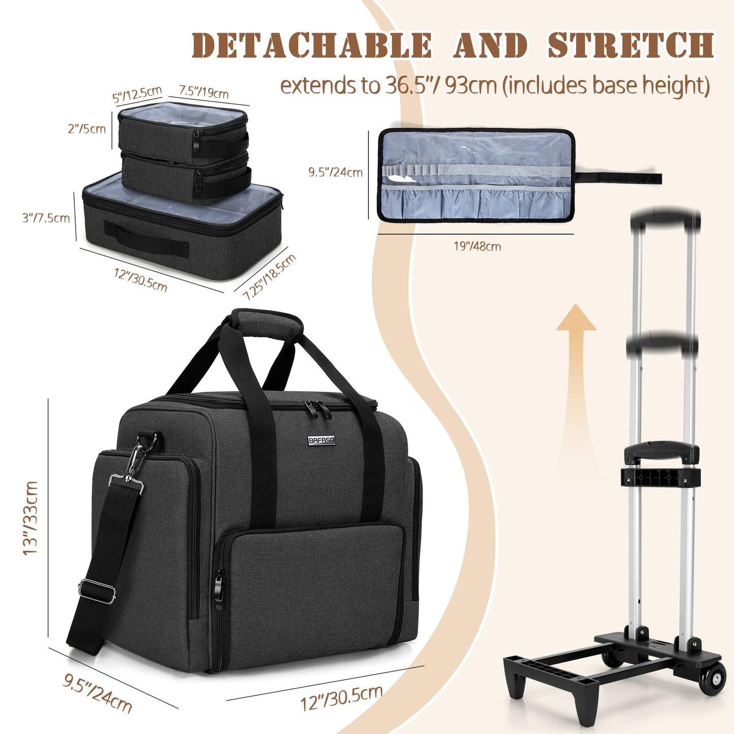 BAFASO Rolling Makeup Case with 3 Removable Pouches and 1 Makeup Brush Bag, Professional Makeup Train Case Cosmetic Bag with Detachable Dolly (Patented), Black