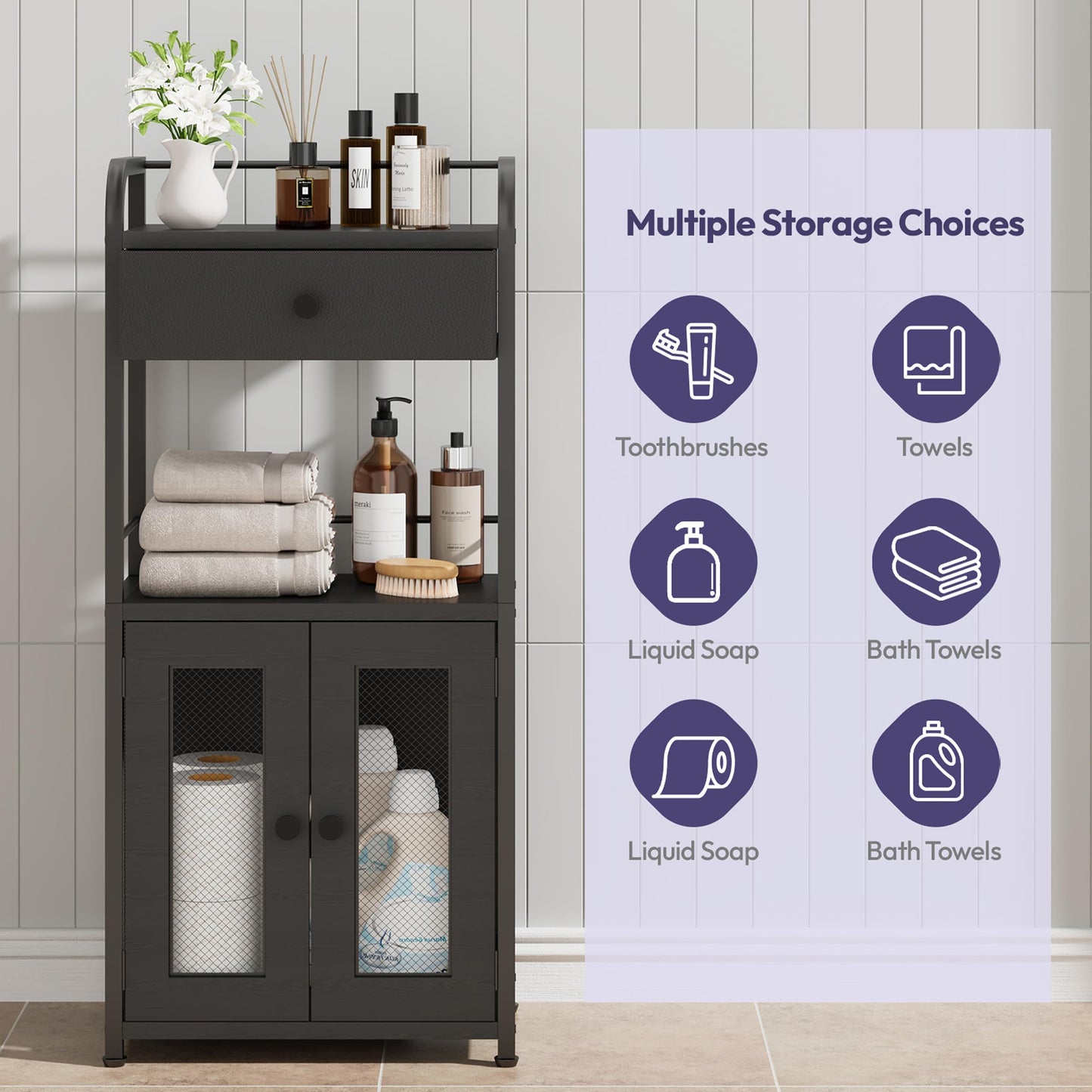 SWTYMIKI 14.57"x32.28" Bathroom Storage Cabinet – Freestanding Toilet Paper Storage with Doors & Drawer, Bathroom Organizers and Storage for Small Spaces, Laundry Room, Ideal for Towels, Black
