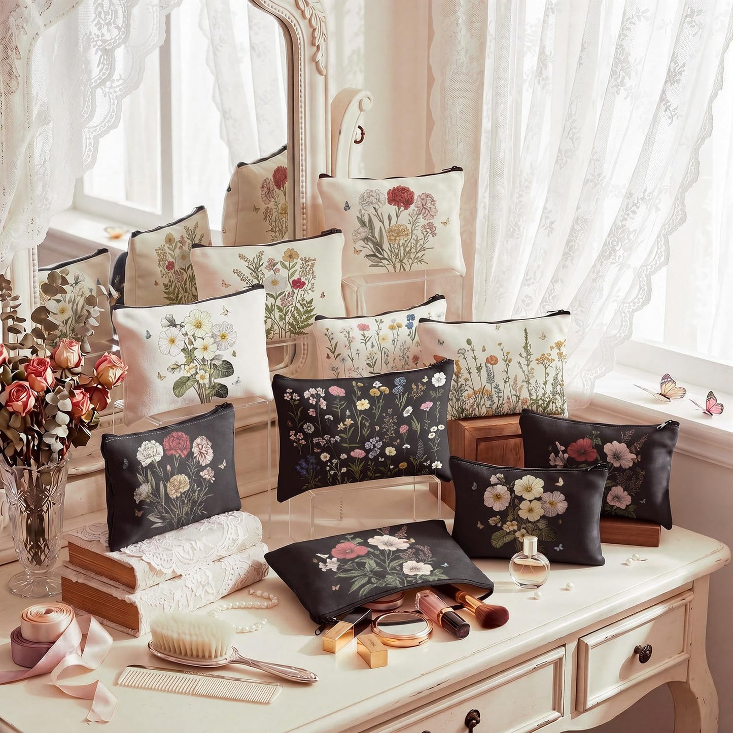 Sweetude 12 Pcs Black Flower Makeup Bags Bulk Portable Wildflower Travel Cosmetic Bags with Zipper Floral Waterproof Roomy Travel Beauty Toiletry Organizer Storage Pouch for Women Wedding Gifts