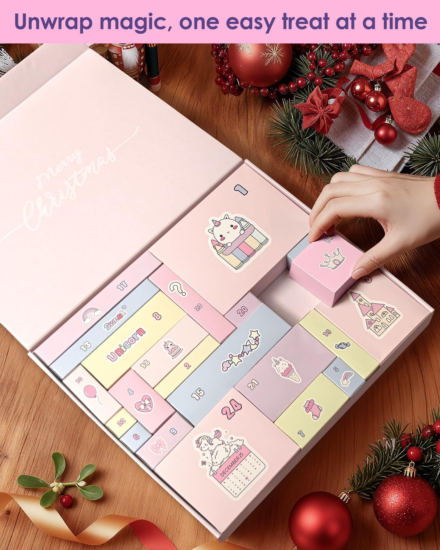 Advent Calendar 2025 for Girls, 24-Day Fantasy Unicorn Christmas Countdown Calendar, Perfect Holiday Gift Suitable for Girls Aged 3-9, Includes Accessories, Stationery