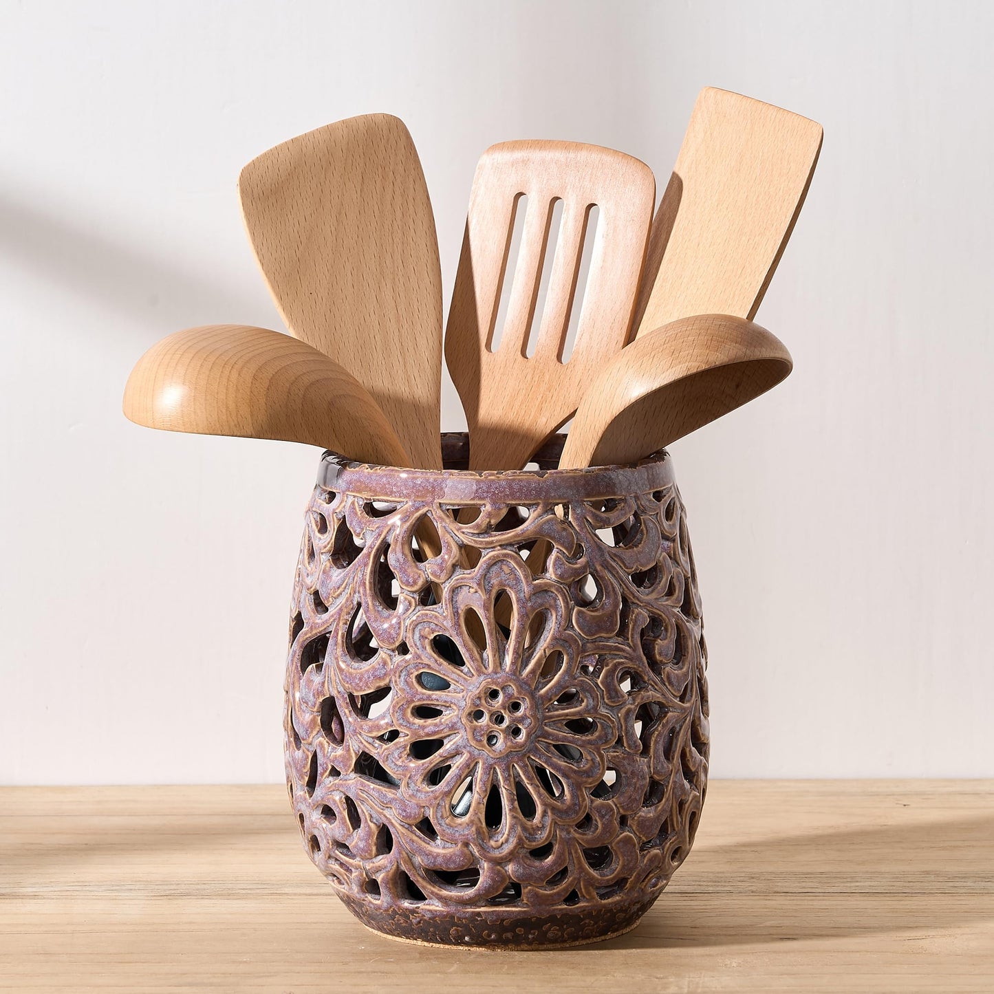 JH JIEMEI HOME Farmhouse Kitchen Utensil Holder for Kitchen Counter, Ceramic Large Cooking Utensil Crock with Cork Mat, Countertop Cooking Tool Spatula Organizer, Purple Antique Design