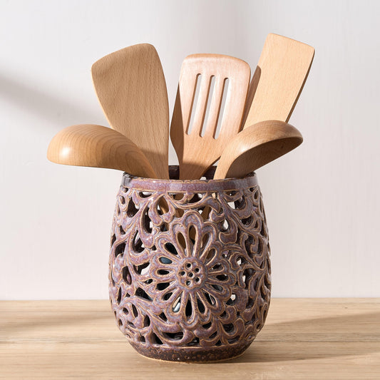 JH JIEMEI HOME Farmhouse Kitchen Utensil Holder for Kitchen Counter, Ceramic Large Cooking Utensil Crock with Cork Mat, Countertop Cooking Tool Spatula Organizer, Purple Antique Design
