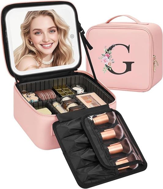 Relavel Initial Makeup Bag with LED Mirror for Women Girls, Personalized Travel Cosmetic Organizer Train Case, Birthday Gifts for Grandkids Bridesmaid Graduation Teacher Friends, Trendy Stuff, Pink G