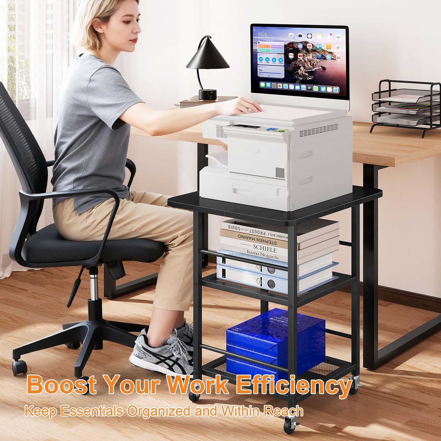 Snughome 3-Tier Printer Stand, 19.7" D×23.6" W×26.5" H Extra Large Printer Table with Storage Shelves, Rolling Cart with Lockable Wheels for Home Office, Black