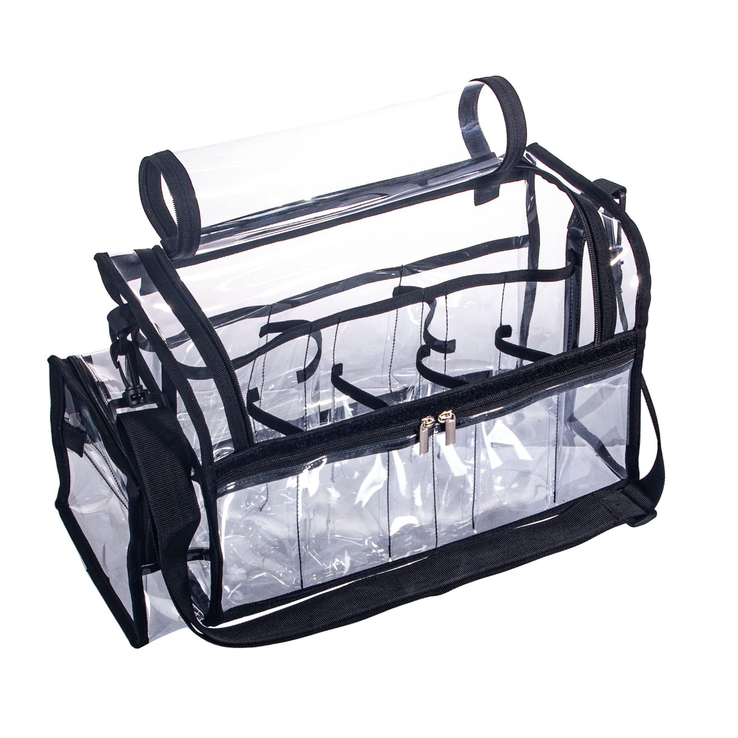 Large Professional Free Standing Clear PVC Makeup Artist Set Bag Transparent Makeup Brush Buddy Make up Kits Organizer Carry All MUA Travel Cosmetic Bag with 8 Dividers and Tissue Holder