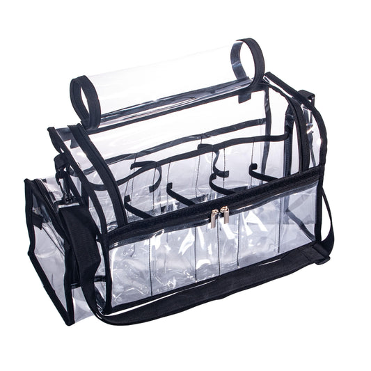 Large Professional Free Standing Clear PVC Makeup Artist Set Bag Transparent Makeup Brush Buddy Make up Kits Organizer Carry All MUA Travel Cosmetic Bag with 8 Dividers and Tissue Holder