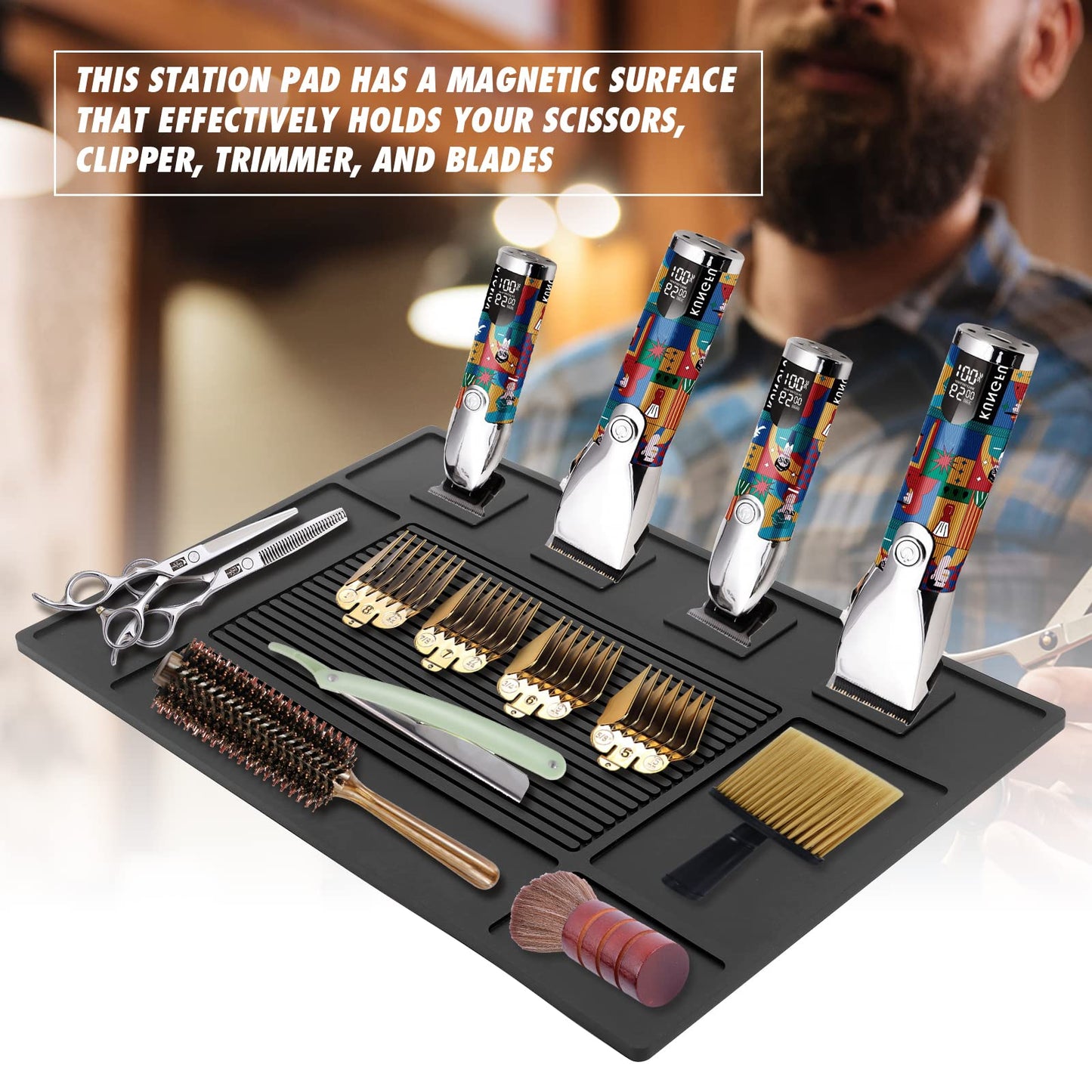 MoyRetty Magnetic Barber Organizer Mat for Clippers(17.7'' x 11.8''), Professional Anti-Slip Heat-Resistant Silicone Pad for Hair Stylist Supplies- 4 Magnets