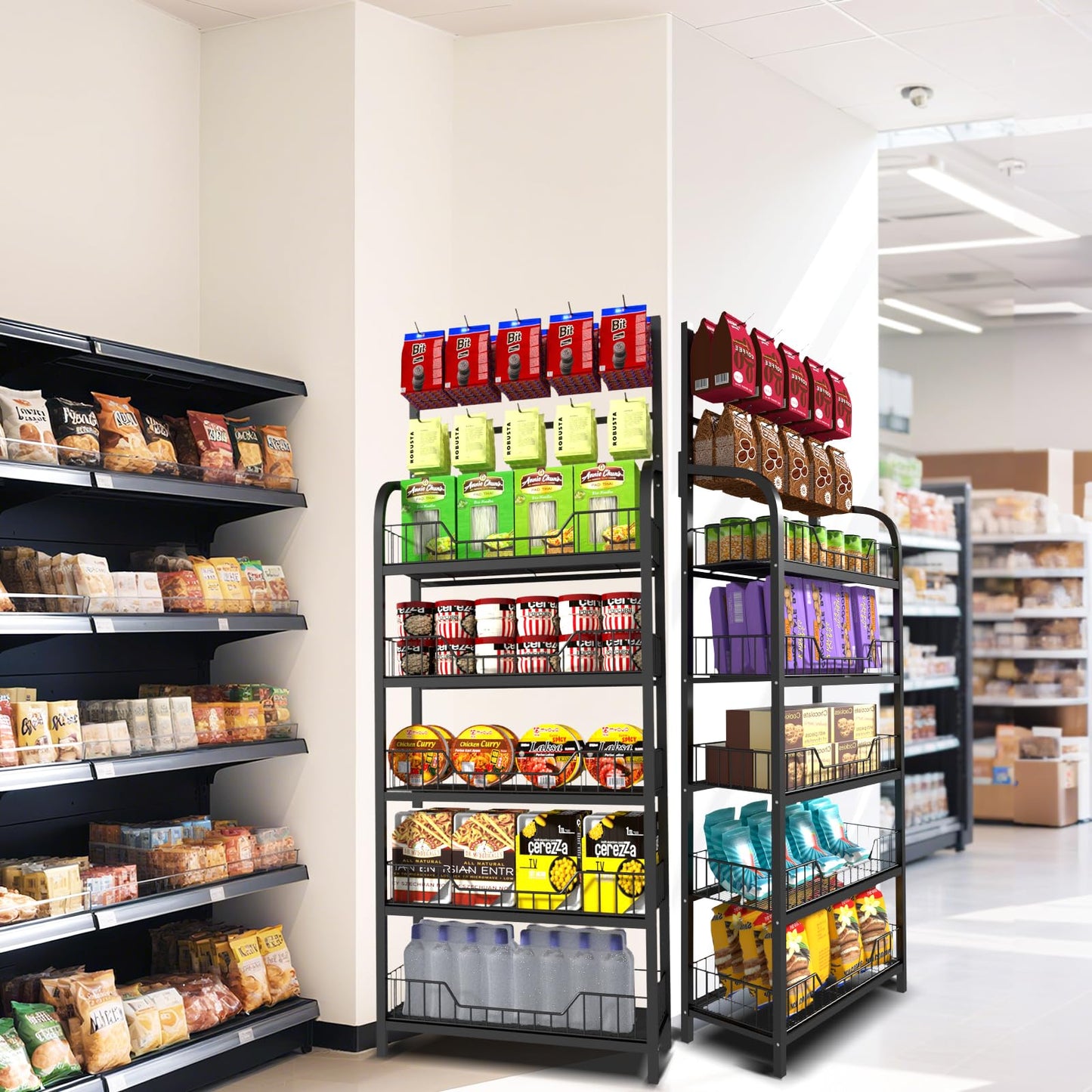 GZAODMCP 5 Tier Snack Display Rack, Retail Organizer with Hooks, Candy Potato Chip Storage Shelf, Snack Storage Organizer for Supermarket Stores Kitchen (23.6x10.6x65.3 in)