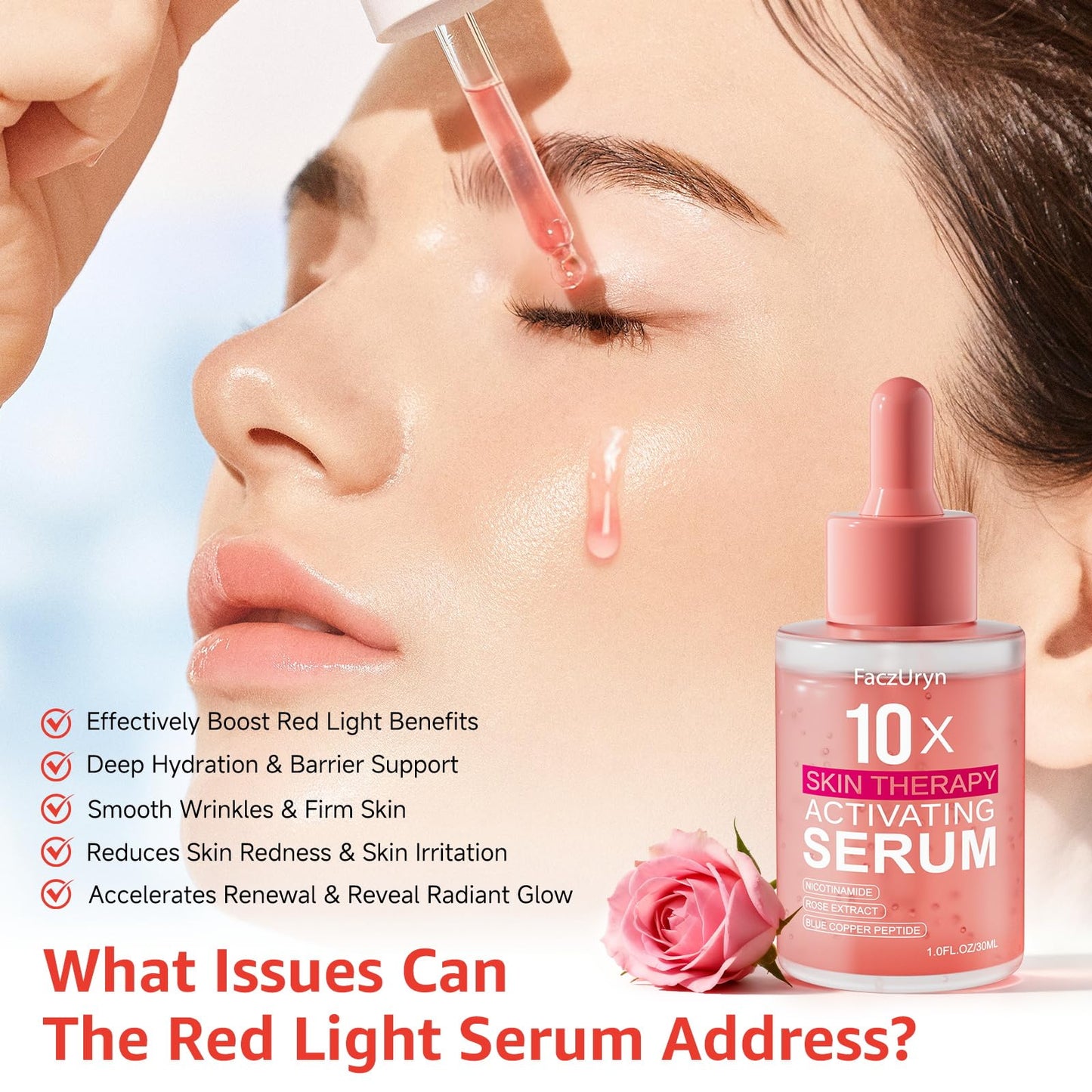 Red Light Therapy Serum, Red Light Therapy Activation Serums Amplify Effects & Reduce Wrinkles with Hydrating, Vitamin E Redlight Serum for Face, Rose Extract Facial Serums for Women, 1.0 FL.OZ